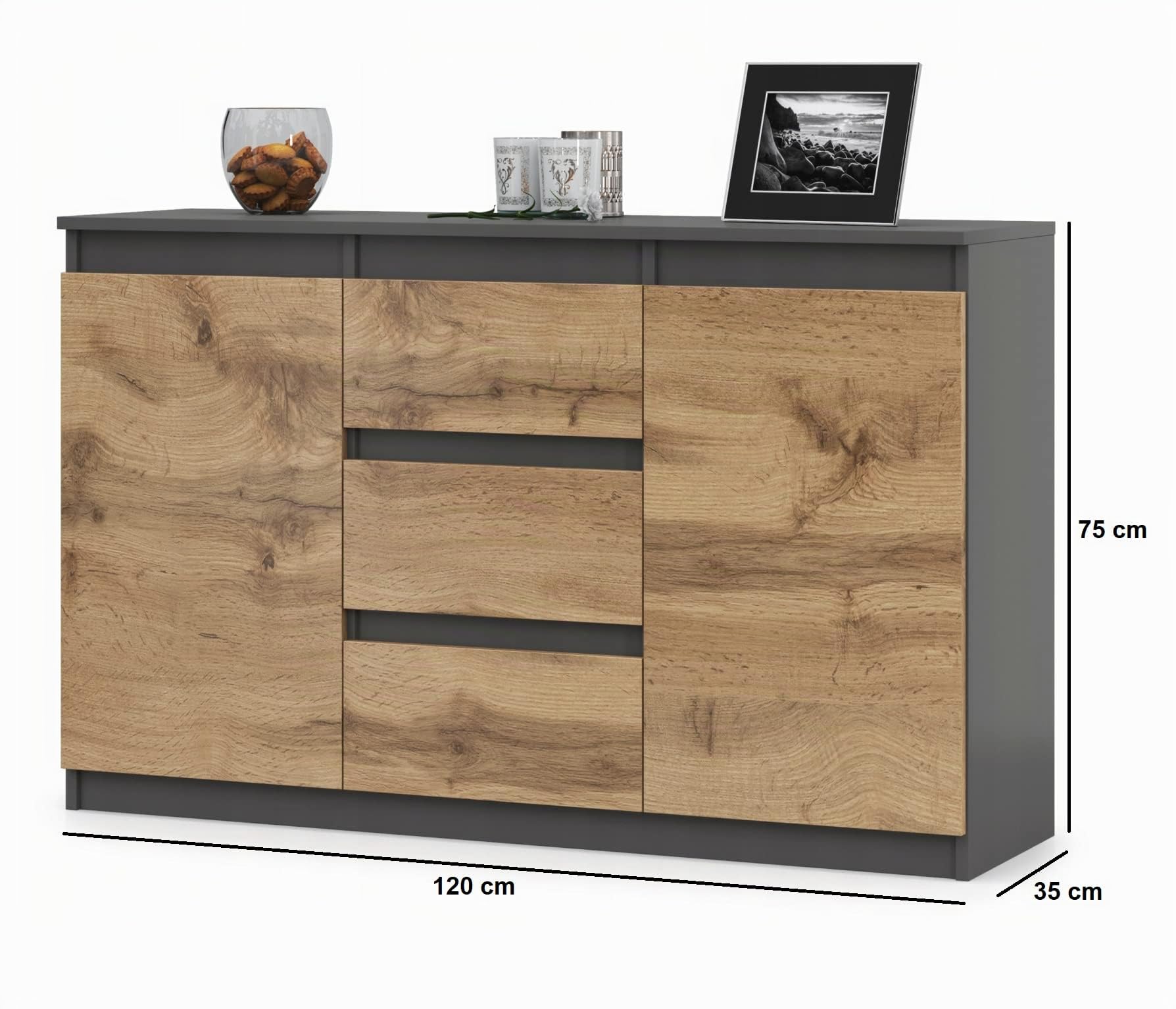 VBChome Kommode – Moderner Mehrzweckschrank mit 3 Schubladen und 2 Türen, 120 x 35 x 75 cm, Elegante Graphitfarbe, grifflose Fronten, ideal für Flur, Schlafzimmer, Wohnzimmer und Kinderzimmer