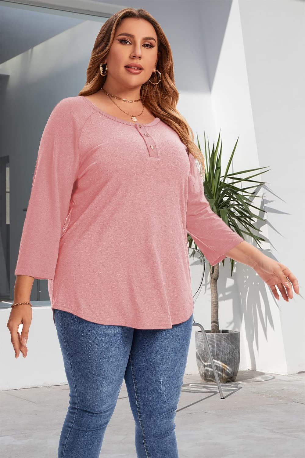 3/4 Sleeve Shirts for Women Plus Size Casual V Neck Blouses Color Block Henley Shirts - Image 2