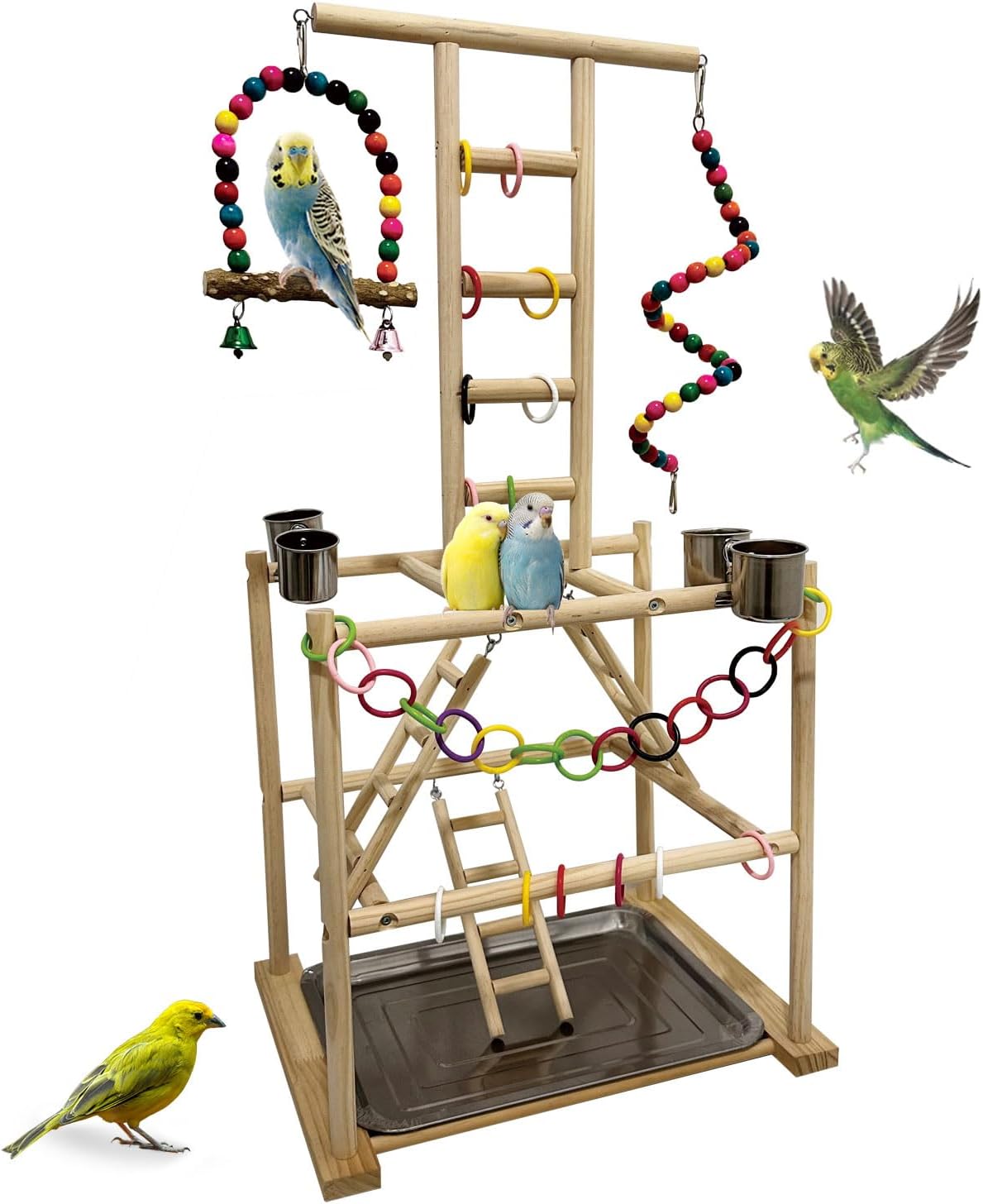 Bird Play Stand, Large Parakeet Playground, Natural Wood Parrot Perch Stand, Birds Play Gym Cockatoos Cage Accessories with Feeder Cups Swings for Cockatiel Budgie Conure