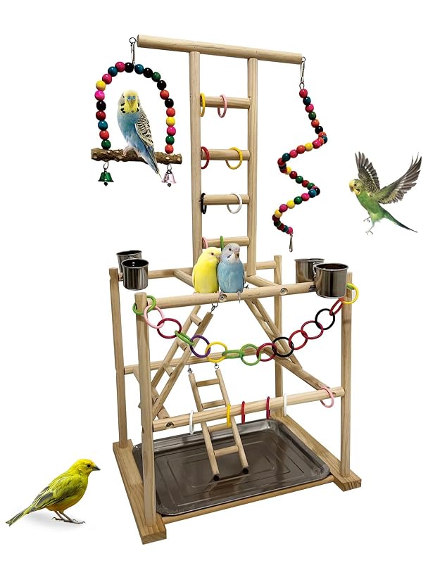 Suporte para Gaiola com Playground para Aves Niwaes em Madeira Natural AZ-00032-2