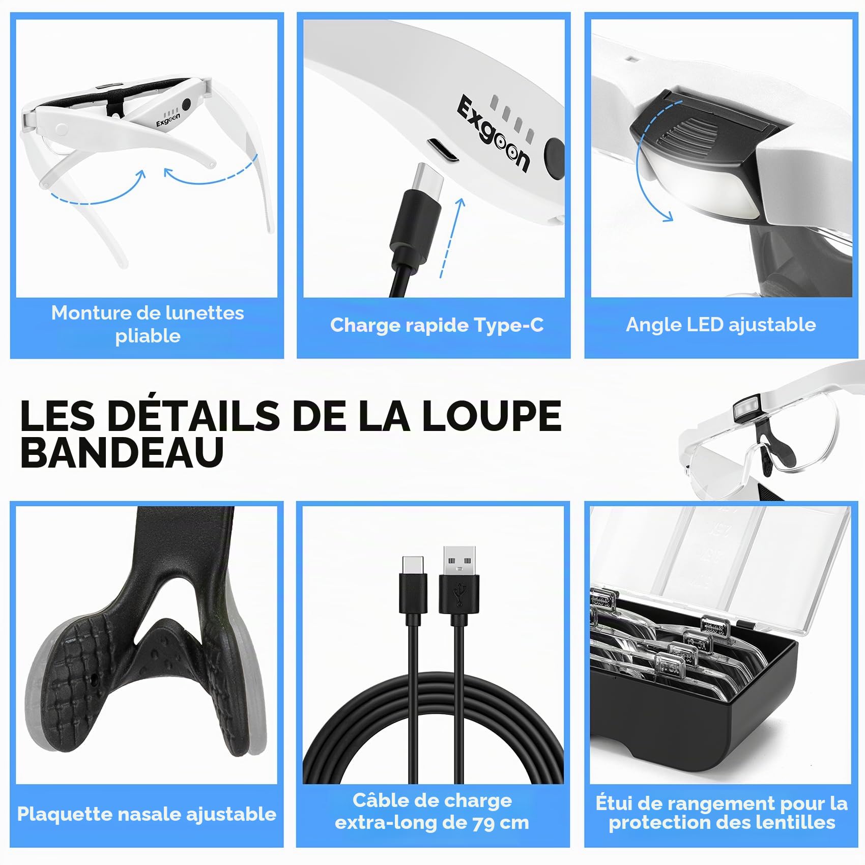 Loupe avec lumière, loupe 1,5X à 5X avec 4 lentilles détachables, Mains Libres Rechargeable, loupe Bandeau pour travaux rapprochés, Loisirs, travaux manuels, Bijoux (Blanc)
