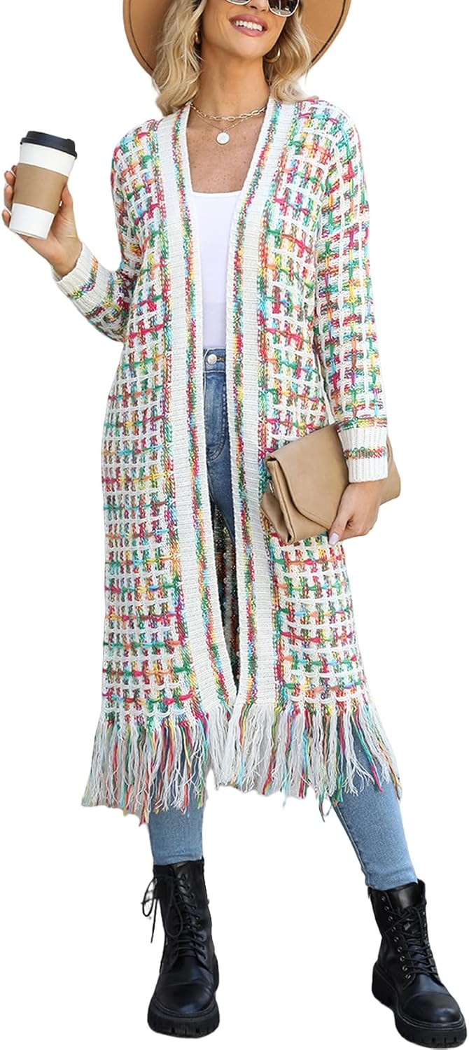 Womens Oversized Cardigan Sweater Long Dusters Boho Maxi Aztec Open Front Fringed Tassels Jacket Outwear