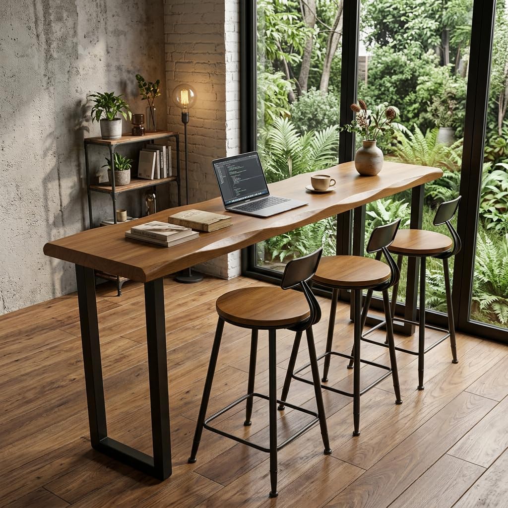 47in Long Bar Table,Solid Wood Industrial Counter Height Bar Table,Rectangle Farmhouse Bistro Table,for Coffee Kitchen Restaurant,No Stool (A, 47.24in/120cm)