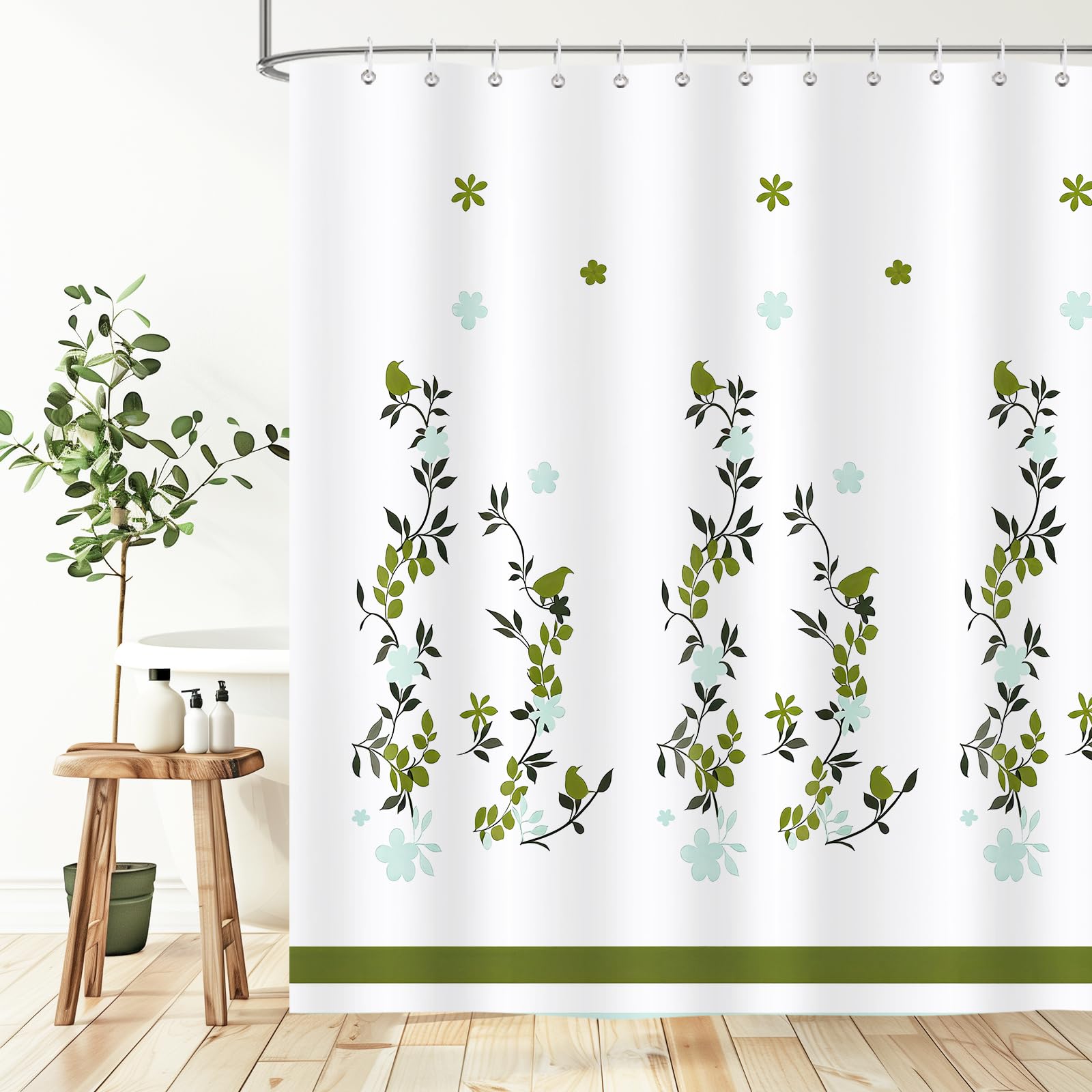 Hopomoon Green Birds Shower Curtain,Waterproof Polyester Fabric Leaves Fashion Bathroom Curtain with 12 Hooks,180 x 180 cm - Image 3