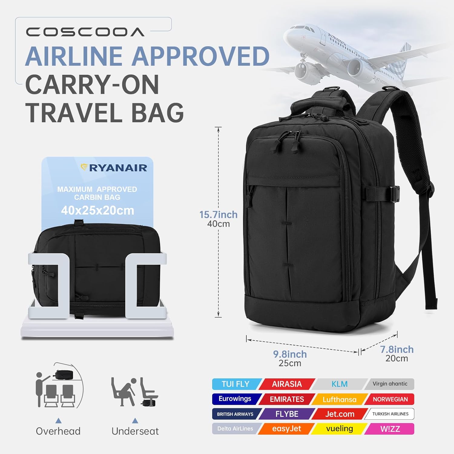 Small Travel Backpack 20L,United Airlines Personal Item Bag 17x10x9 inch,Flight Approved Underseat Ryanair 40x20x25 CM Carry on Luggage Bag,Mochila de Viaje,Cabin Size Backpack