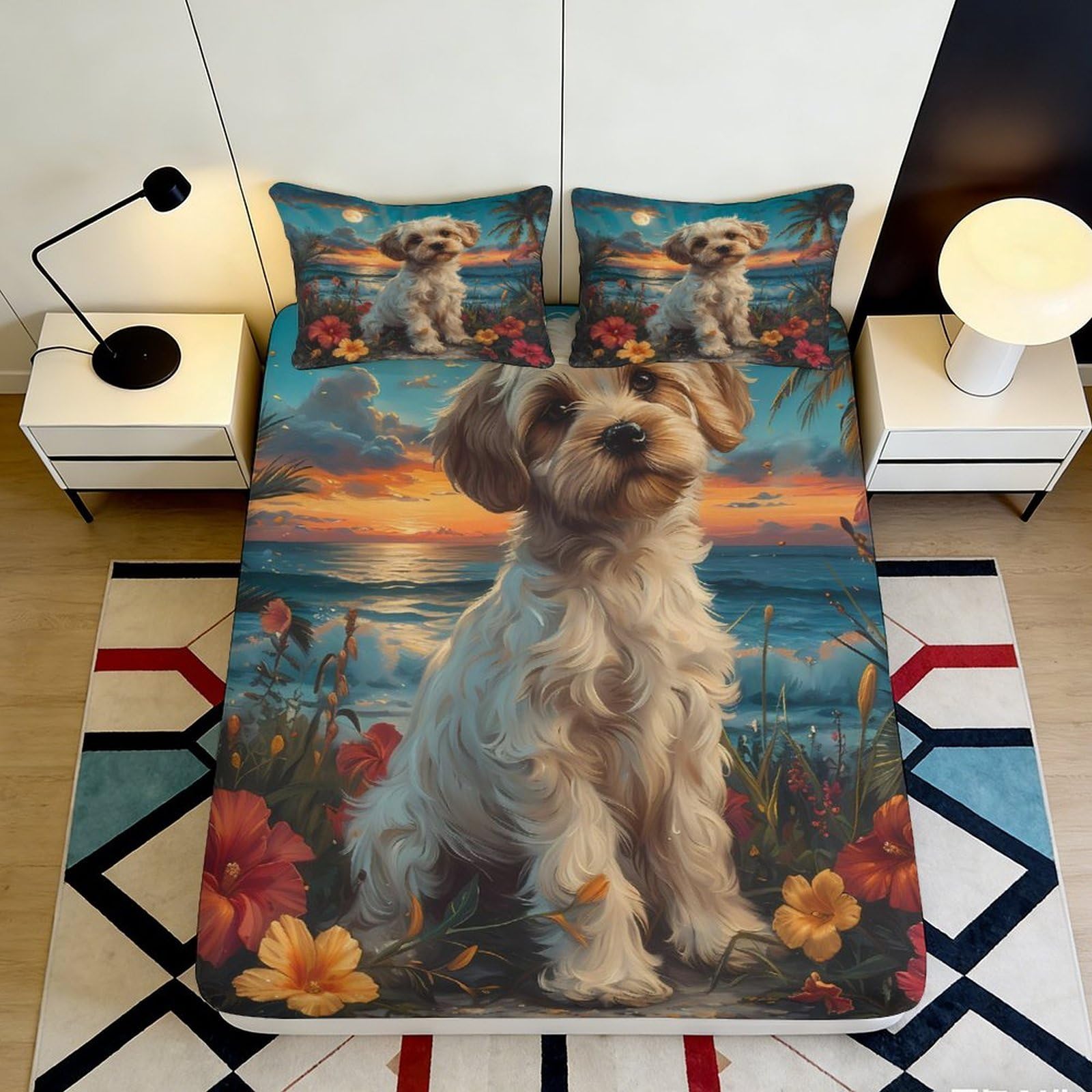 3D Printed Countryside Dog Fitted Sheet Microfiber Deep Pocket Countryside Dog Mattress Fitted Cover Non-Slip Washable Bedding 200x200x25cm