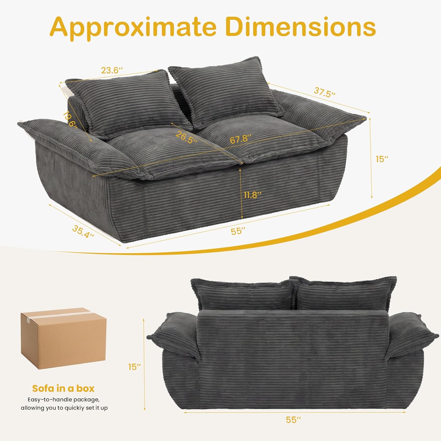 59" Boneless Loveseat Sofa, 2-Seater Gray Boneless Sofa with Removable Cushions & 2 Pillows, Small Couch Boneless Compress Foam Sofa for Living Room, Apartments, & Office