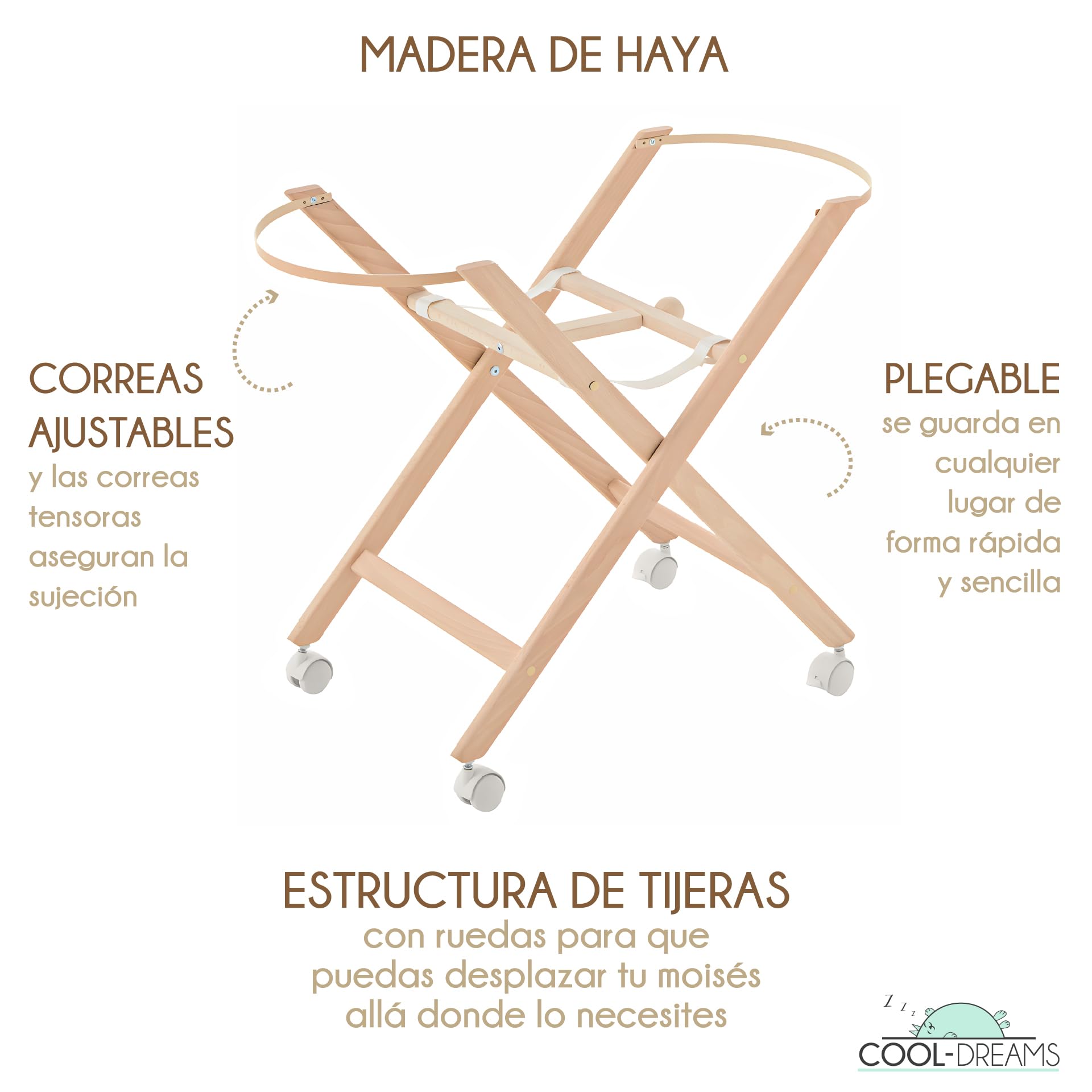 Moisés para bebé Recien Nacido, Incluye vestidura 100% algodón, colchón, Tijera Natural con Ruedas, capazo de Mimbre de Palma Natural y 2 bajeras Impermeables (Gofre Renard) CoolDreams