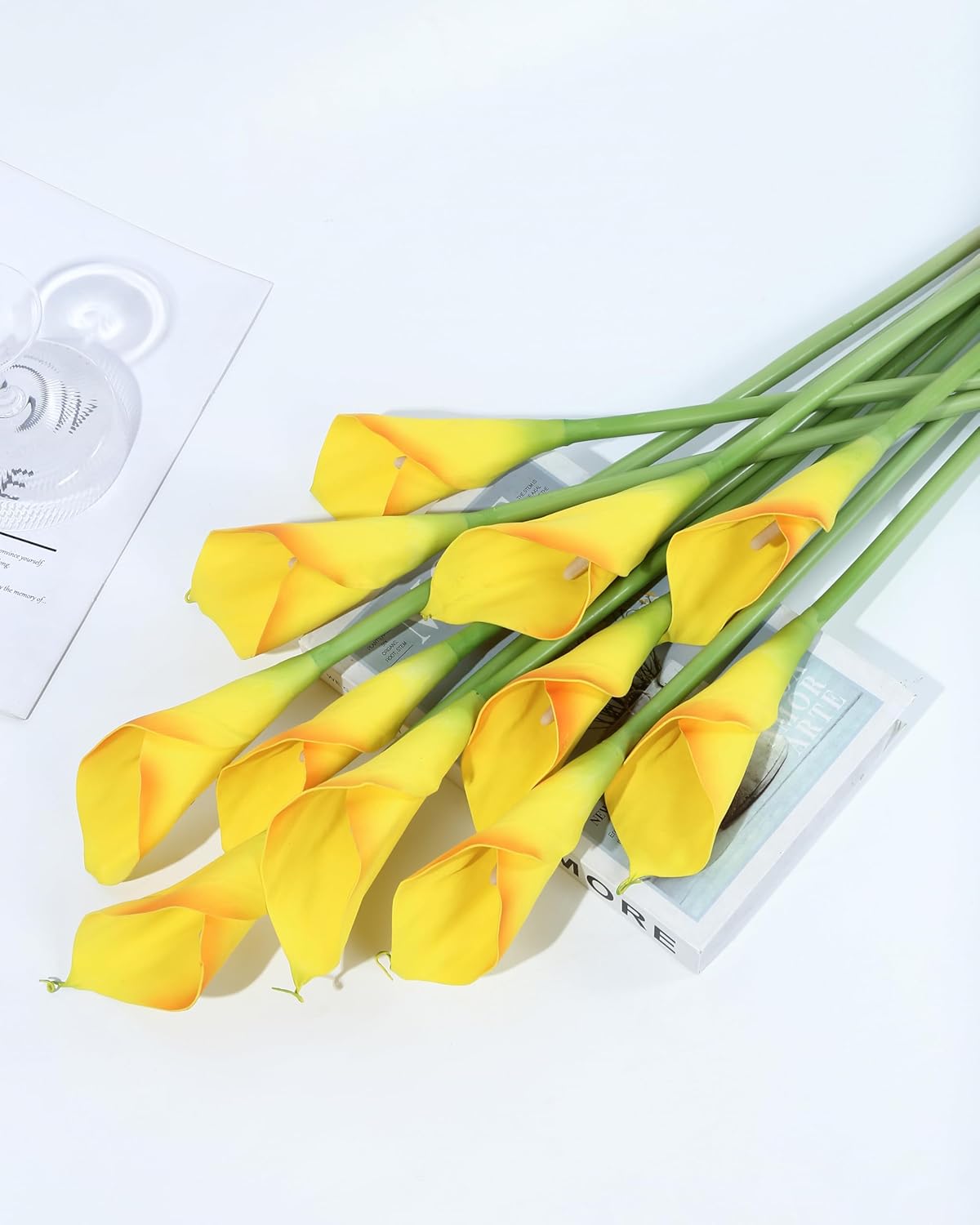 DuHouse 12pcs Calla Lily Artificial Flowers,26" Long Stem Large Calla Lily Flowers,Real Touch Calla Lilies for Party Wedding Bridal Bouquet Home Decor Centerpiece(Yellow-Orange Edge)