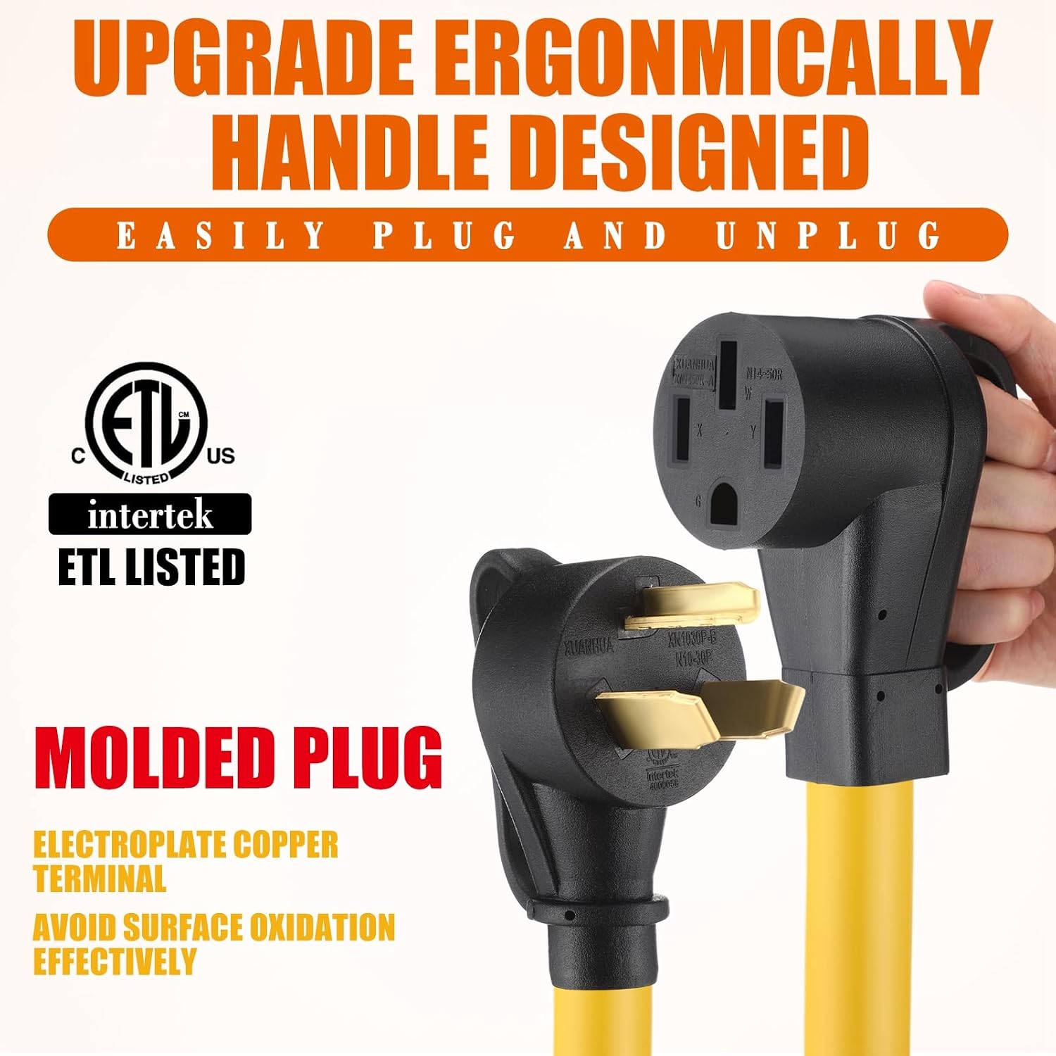 Tellegloww NEMA 10-30P to 14-50R EV Charger Adapter Cord, 30 Amp 3 Prong Male Dryer to 50 Amp 4 Prong Female EV Compatible with Tesla for Level 2 Charging with Handle, STW 10 AWG, 1FT, ETL Listed