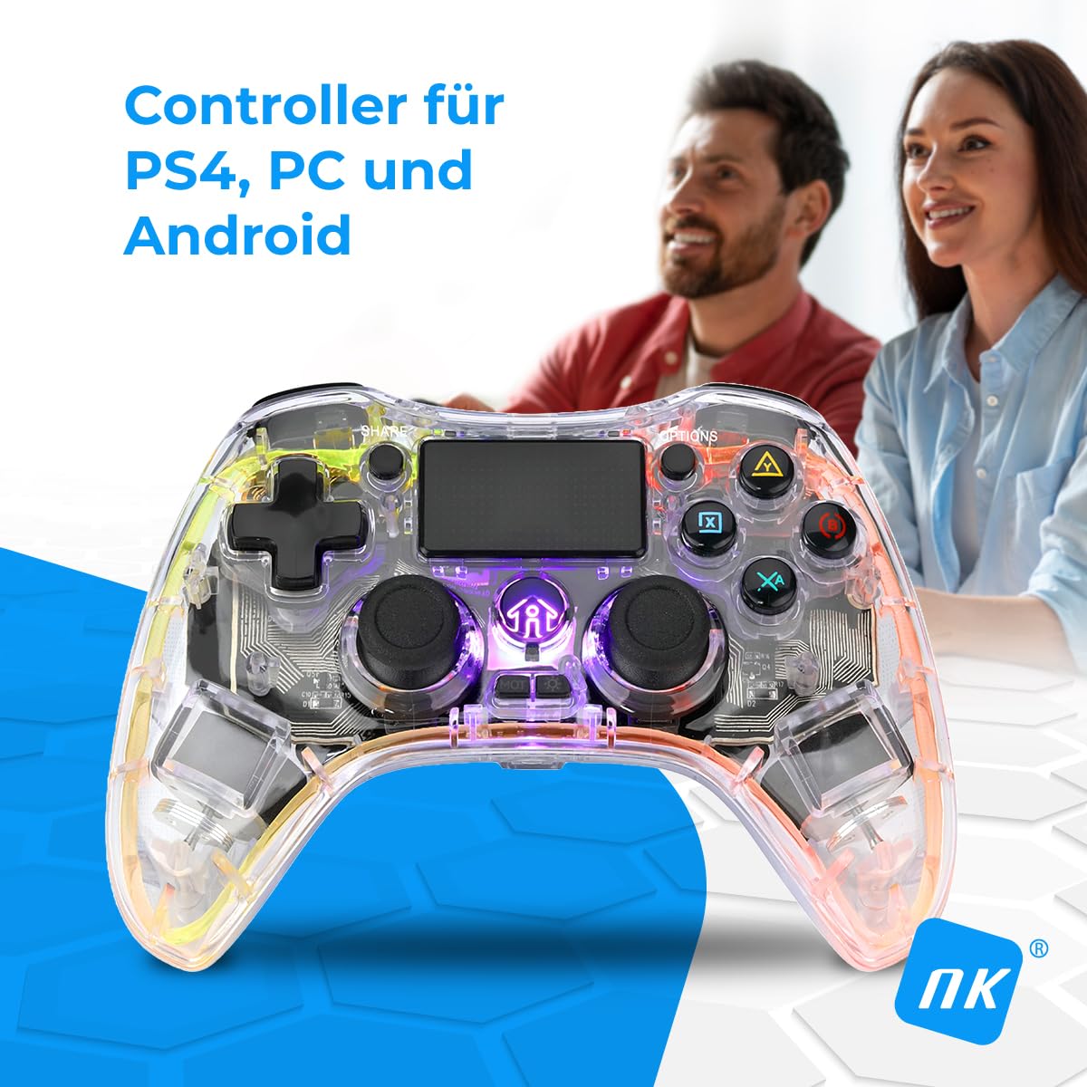NK Controller für PS4 / PC/Android - Wireless Controller mit 2-Shock, 6 Achsen, 2 MACRO-Tasten, 7 LED-Lichtmodi, Touchpad, Kopfhöreranschluss, Ladekabel inklusive - Transparent Schwarz