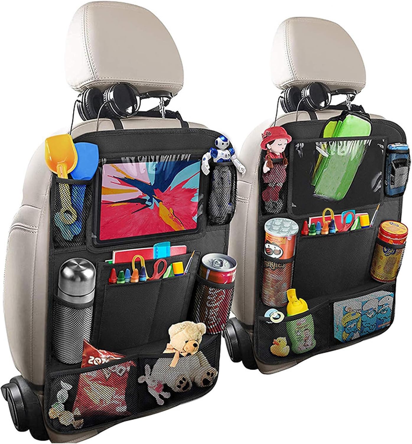 Organizador Asiento Coche 2 Protectores de Respaldo de Coche y organizador Organizador Asiento Trasero Niños tela Oxford 600D resistente al agua adecuada para almacenar juguetes bocadillos(negro)