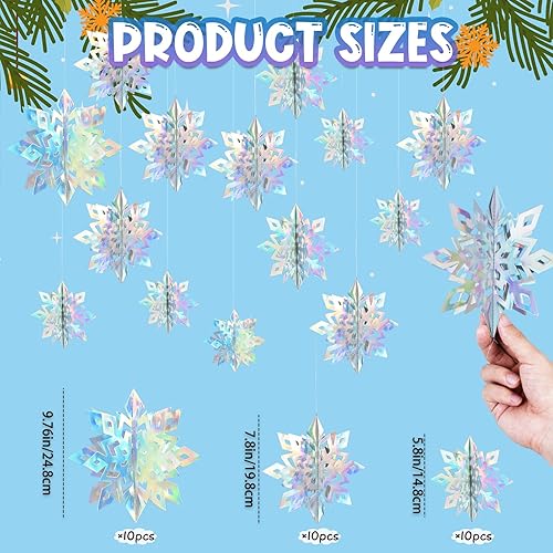 Miniatura 3 de OuMuaMua Decoraciones de copo de nieve de Navidad de invierno, 30 piezas de copos de nieve iridiscentes láser 3D, decoraciones colgantes en 3