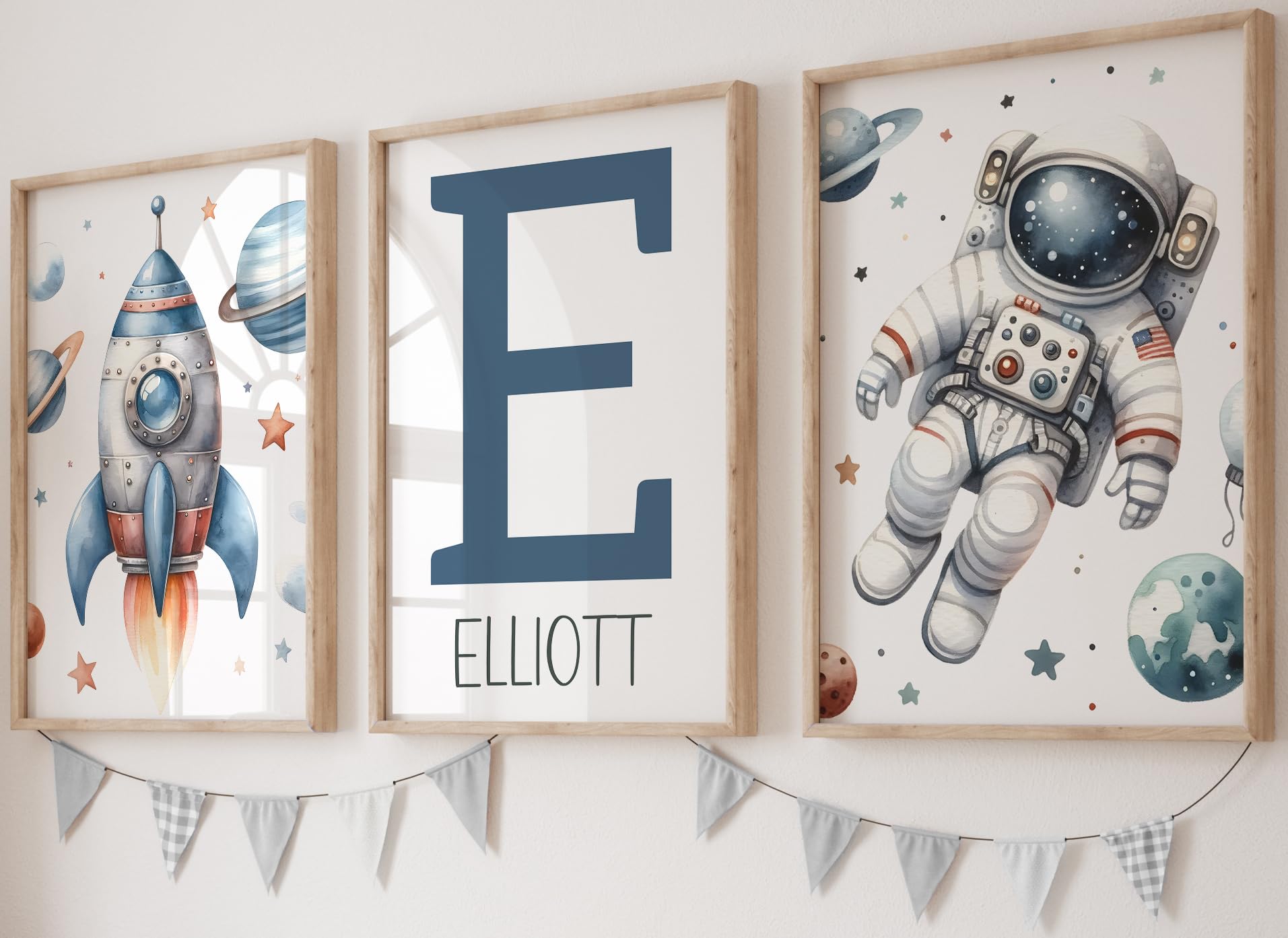 Eviepops Prints Personalised Space Wall Art, Custom Name Astronaut Rocket Poster, Flying In Space Set of 3 Unframed Prints with Spaceman, Rocket, Planets and Stars Theme Room Decor (A4)