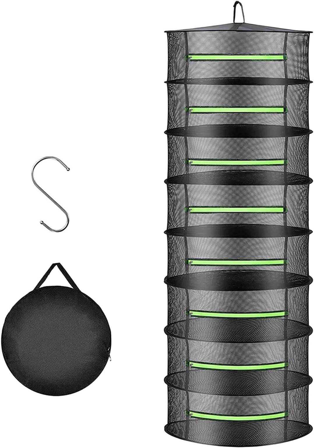 2ft Herb Drying Rack Net Mesh with Green Zippers Hydroponics,Bonus Hook Drying Rack Herbs for Plant Bud Seed, Mesh Hanging Plant Dry,Herb Dry Net for Garden (8 Layer, Zipper Style)