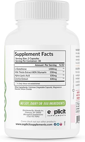 Miniatura 7 de eXplicit Supplements Suplemento para blanquear la piel, glutatión de 1000 mg, aclara y unifica los tonos de la piel, ayuda a aclarar manchas oscuras