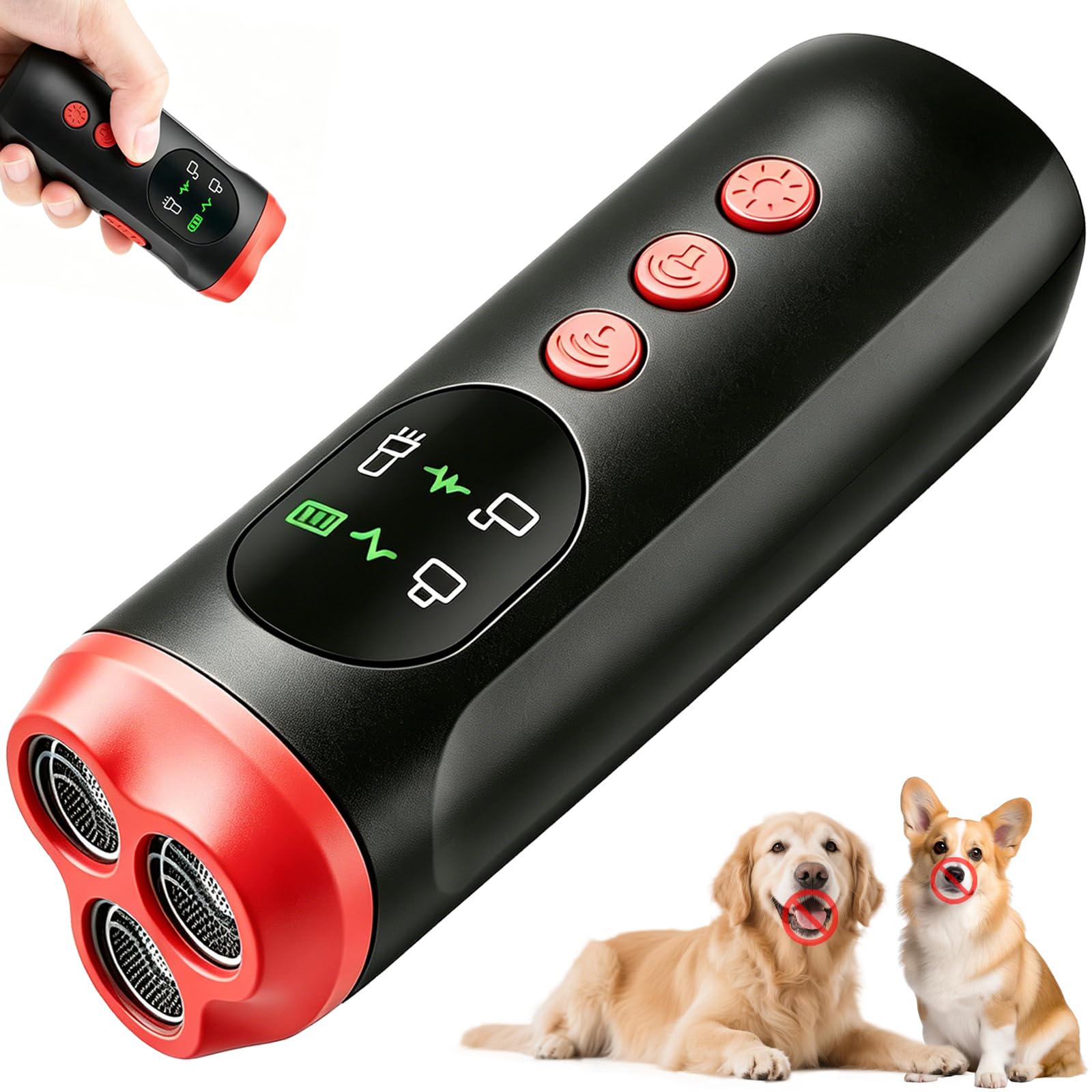 Dispositivo antiladridos para perros, disuasorio ultrasónico de ladridos de perro, alcance de 35 pies, dispositivo de control de ladridos recargable con pantalla HD y linterna LED, seguro