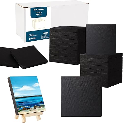 Lienzo negro estirado con kit de caballete de exhibición de madera negra de 5 pulgadas (paquete de 12), soporte de trípode de mesa para artistas,