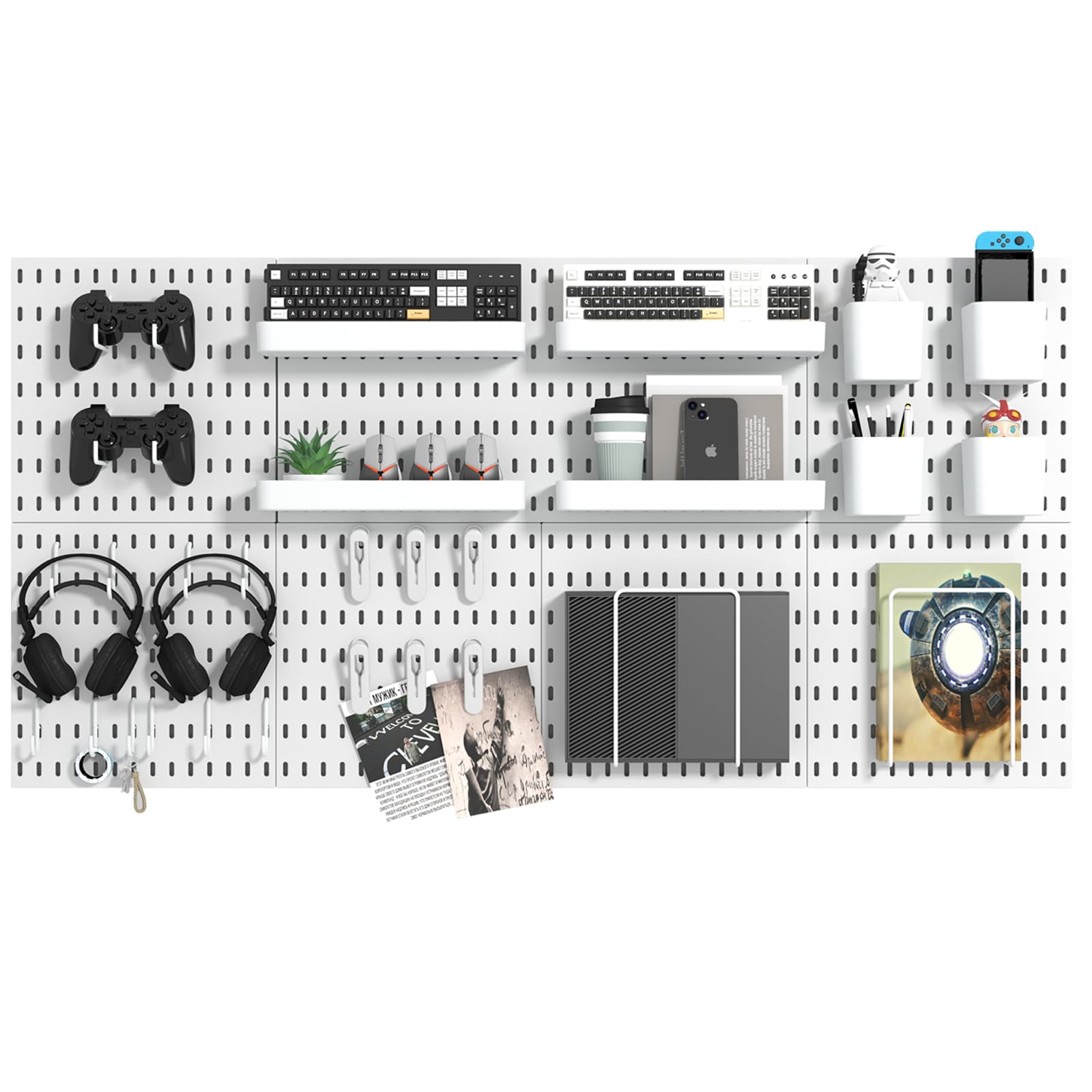 VEOFEMLEA Pegboard Combination Kit, 8 Peg Boards and 30 Accessories Modular Hanging Black Pegboard for Walls, Office Wall Organizer, Keys Holder on