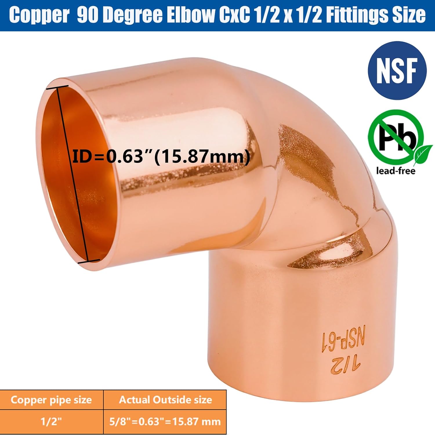 WHK 50-Packs 1/2"inch Copper Fittings 90° Degree Elbow C x C Short Radius 1/2 Copper Sweat Solder Connection for Residential Commercial Plumbing(Lead-Free)