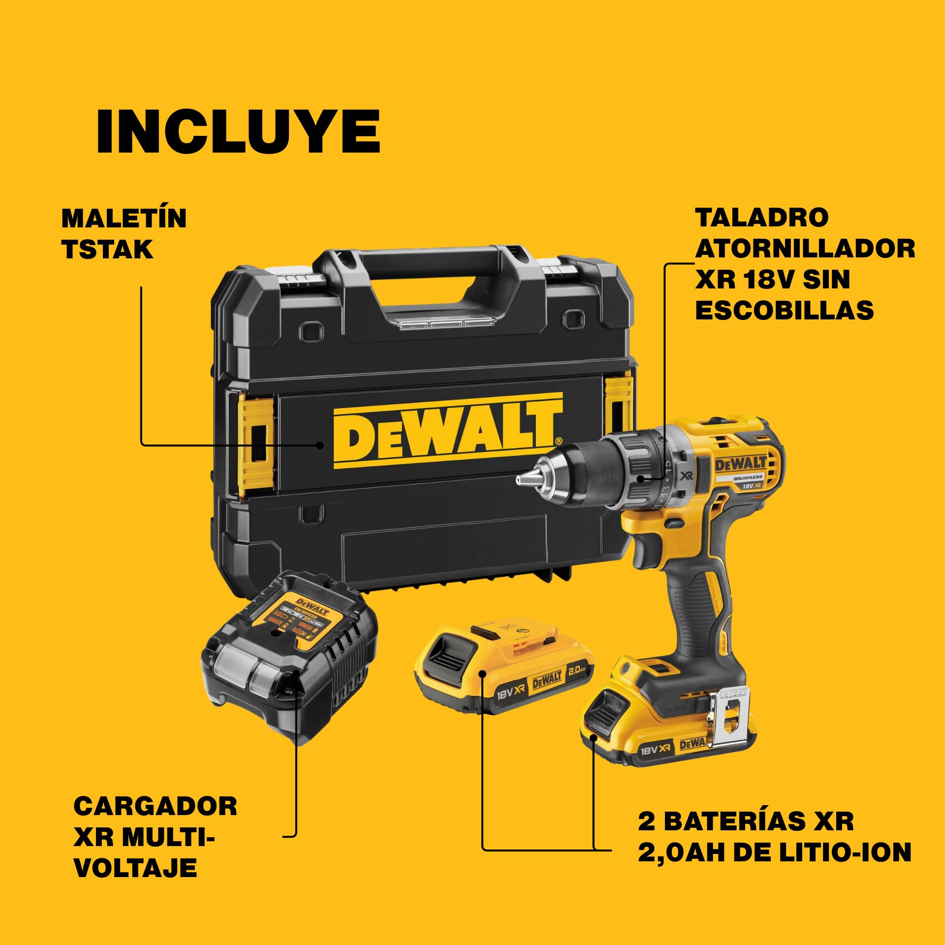 DEWALT XR 18V Taladro Atornillador Sin Escobillas, Ultraligero y Compacto, 2x Baterías 2Ah y Cargador, 70Nm, Luz LED, Maletín Resistente, Herramienta Profesional – DCD791D2-QW