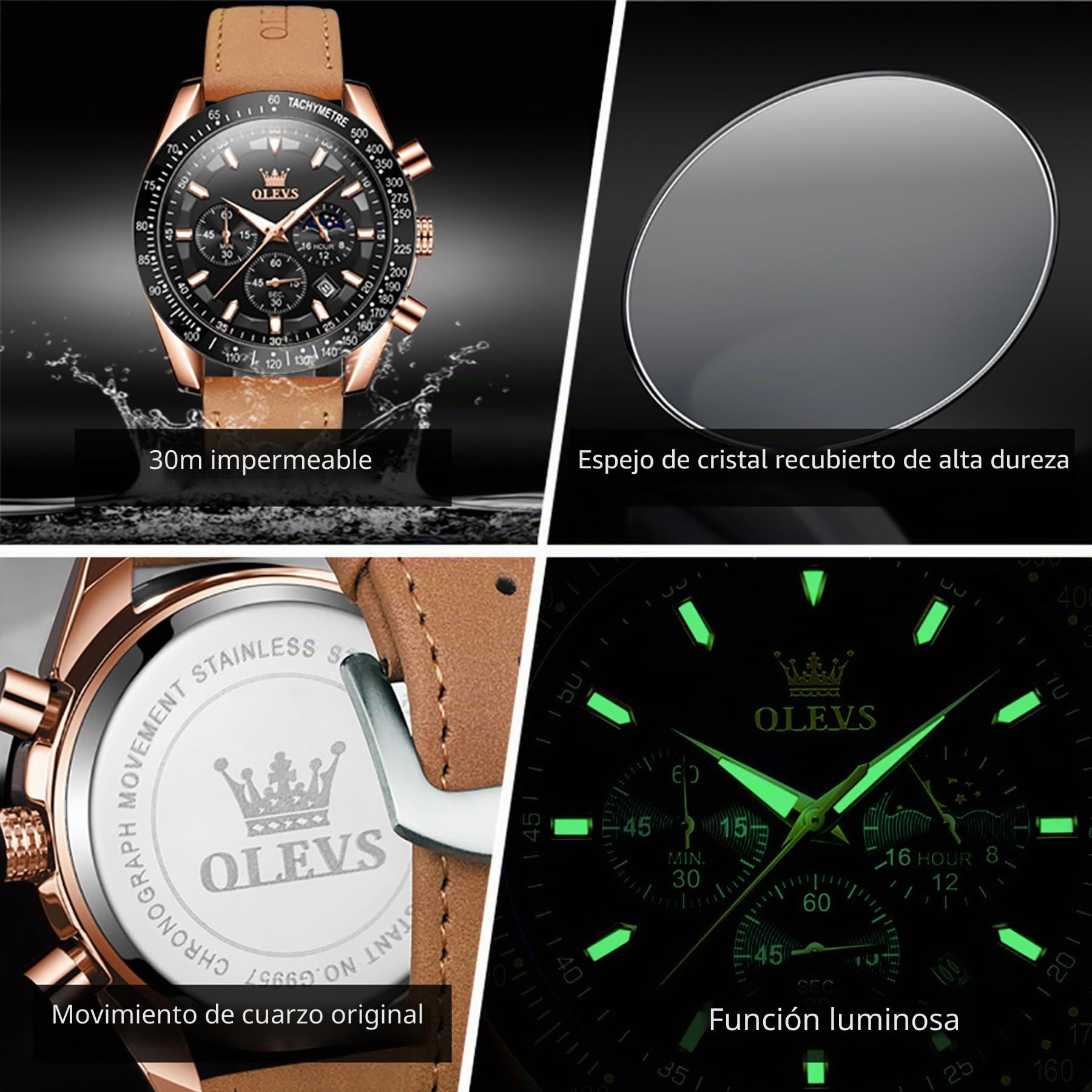 OLEVS Reloj de Hombre de Cuarzo Multifuncional Cronógrafo Correa de Cuero Marrón Impermeable Deportivo Luz Nocturna Moda Calendario Reloj Analógico, Moderno