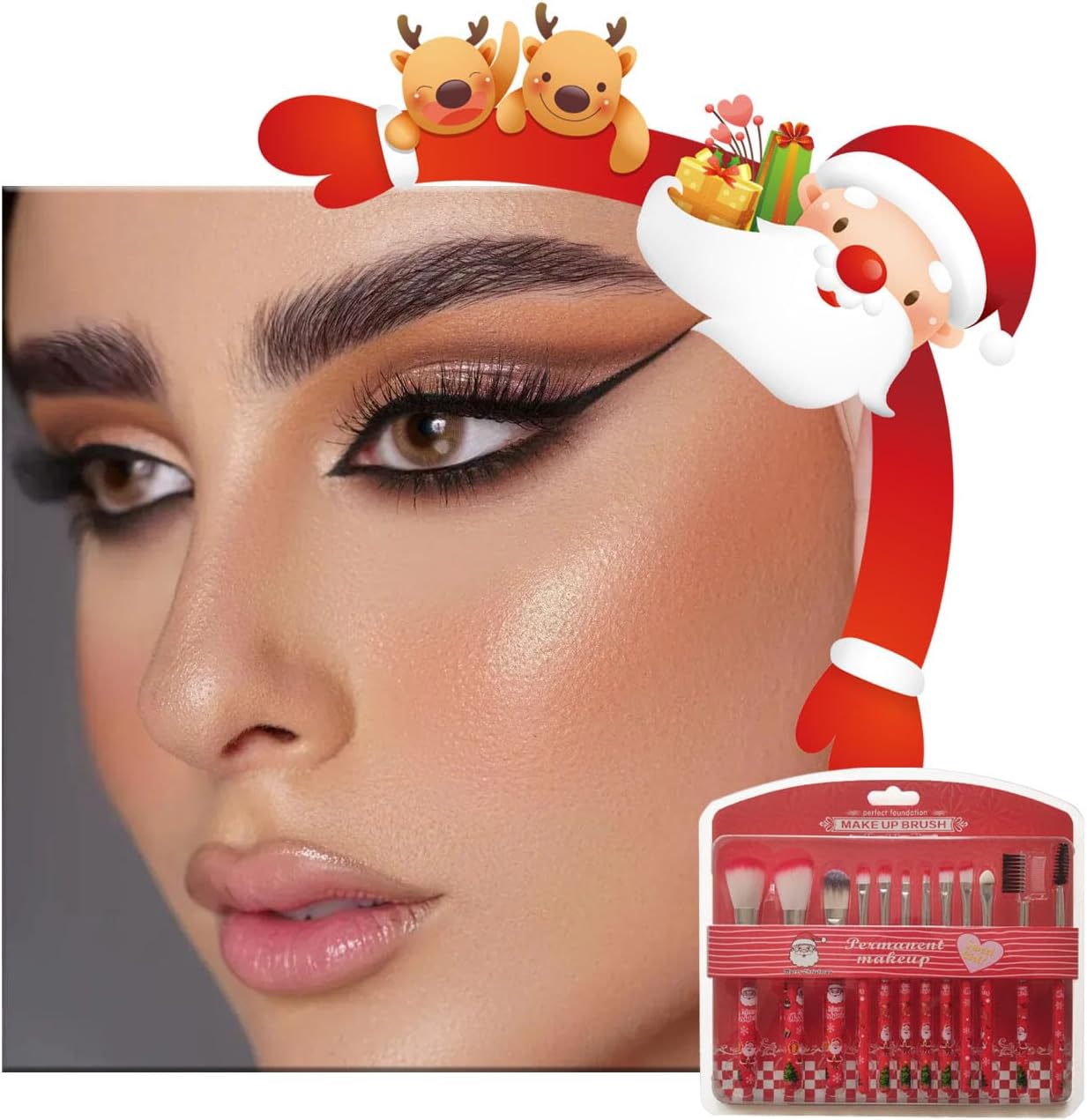 12 PCS Makeup Brushes Set, Christmas Red, Santa Pattern Handle Professional Synthetic Fiber Make up Tools, Blush Highlight Eye Shadow Eyebrow Concealers Brush, Gift for Girls & Women