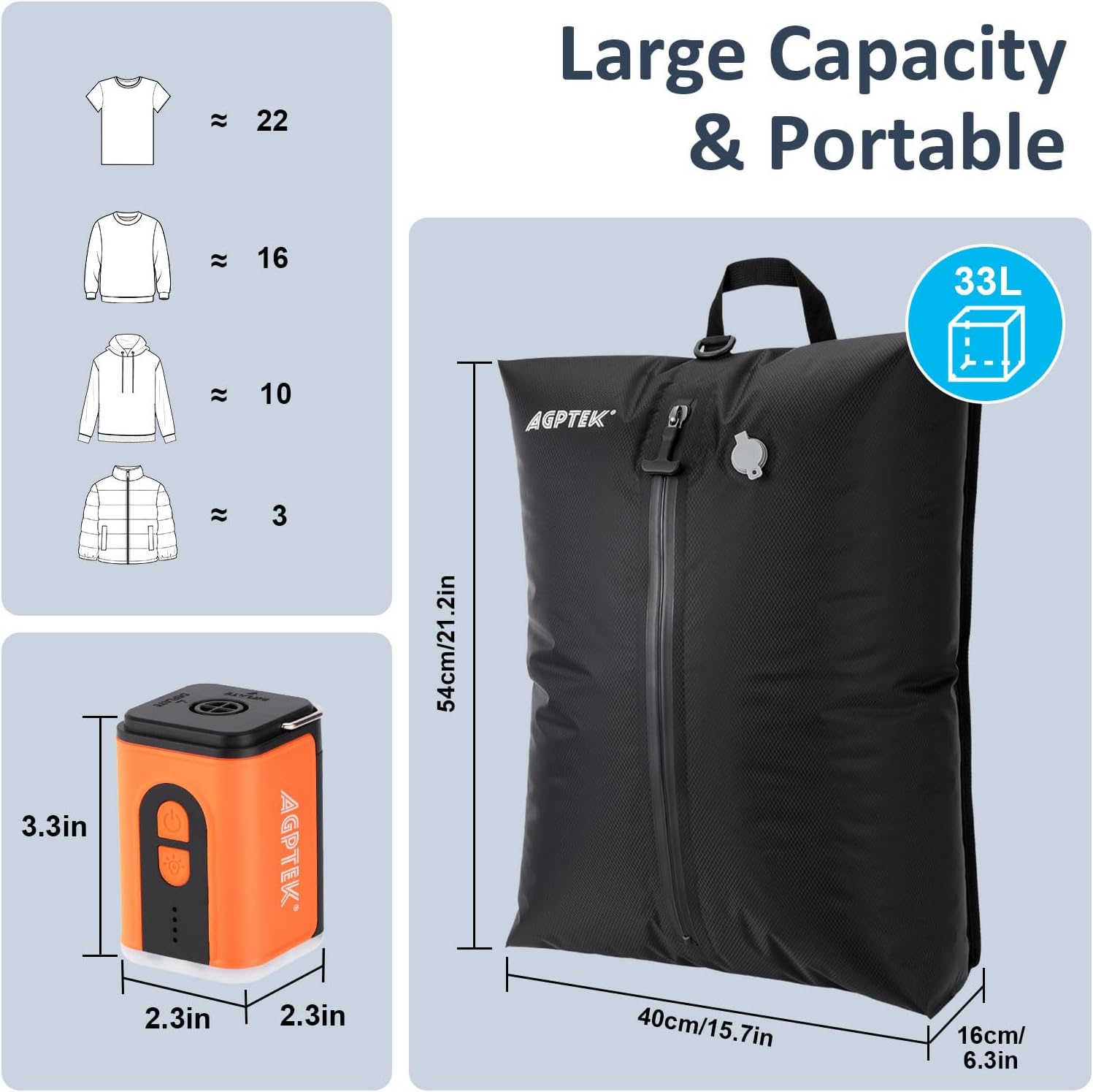 AGPTEK Travel Vacuum Bags with Wireless Pump, 2PCS 33L Compression Bags for Carry on Luggage and Backpack, Electric Portable Air Pump with 5 Nozzles & LED Light, Vacuum Seal Packing Cubes for Clothes
