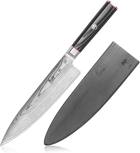 Cangshan YARI Series X-7 Cuchillo de chef de acero Damasco de 8 pulgadas con funda