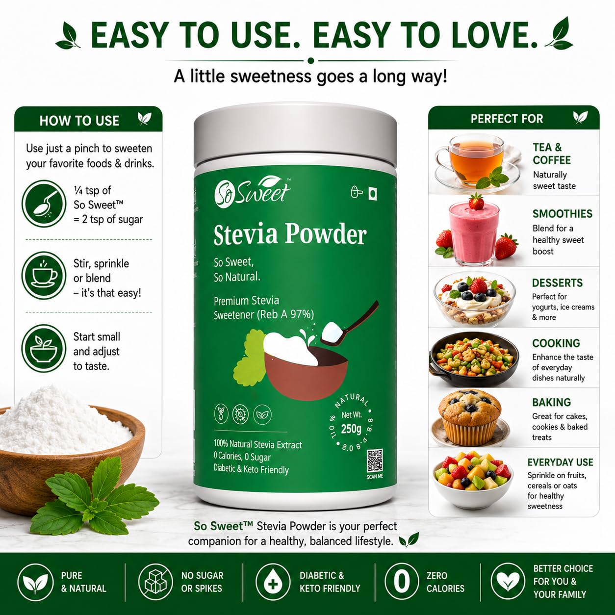 So Sweet Stevia Powder Sugar Free Natural Zero Calorie Sweetener - 1250gms (Pack of 05) (250Gm Each) — Amazon image 8