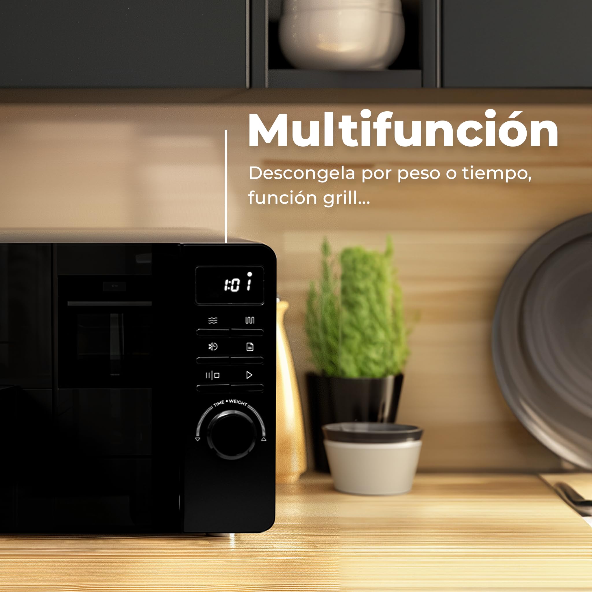 EVVO Microondas M20 White - Horno Microondas Libre Instalación con Función Grill, 800W, Capacidad 20l, Display Digital, Panel Control Táctil, Puerta Efecto Mirror, Bloqueo Infantil, Blanco