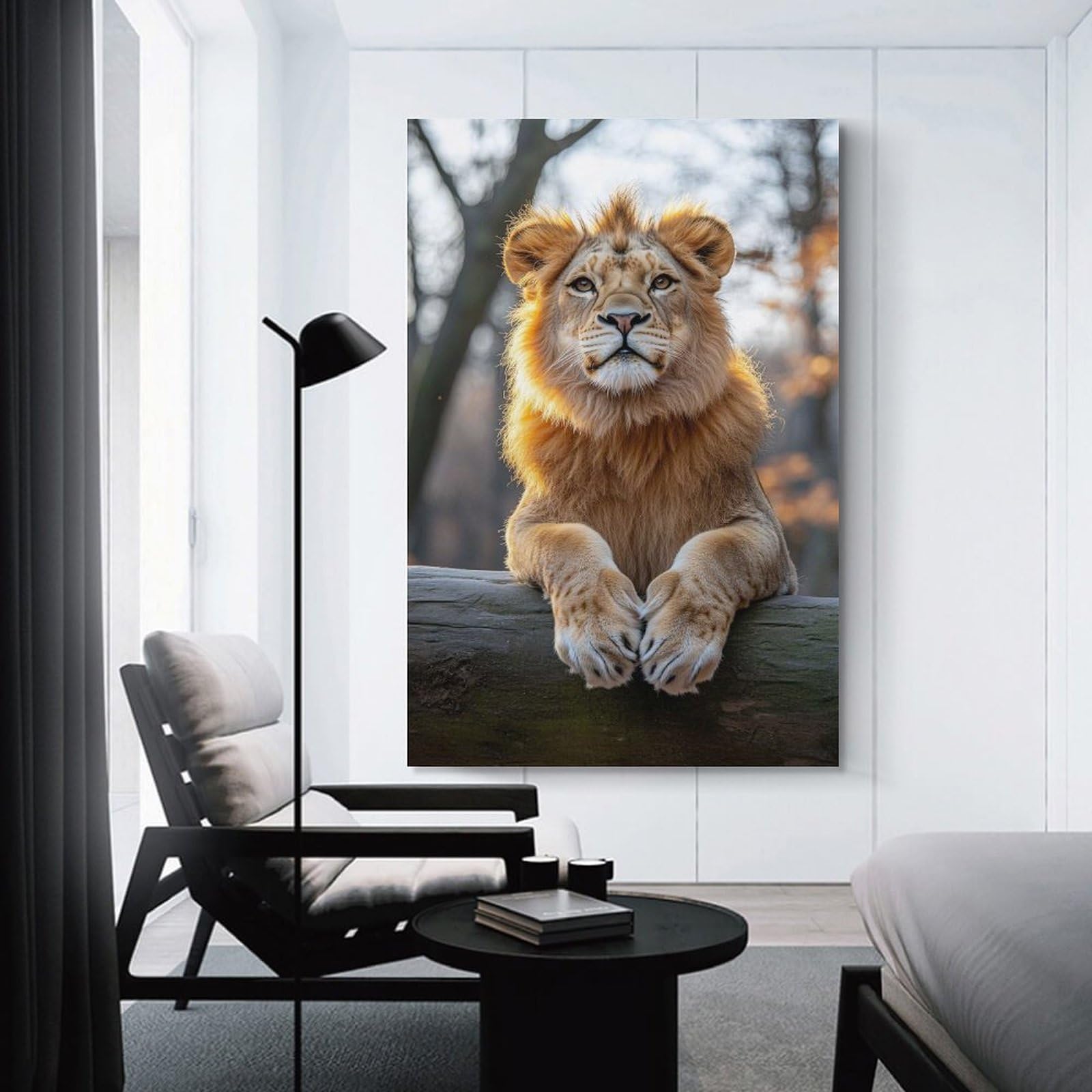 Junmoney Young Lion Portrait on A Log Wall Picture Print 16x24inch(40x60cm), for Entrance Spaces, Stair Walls Or Halls, Decorative Canvas Styling for Entry Areas