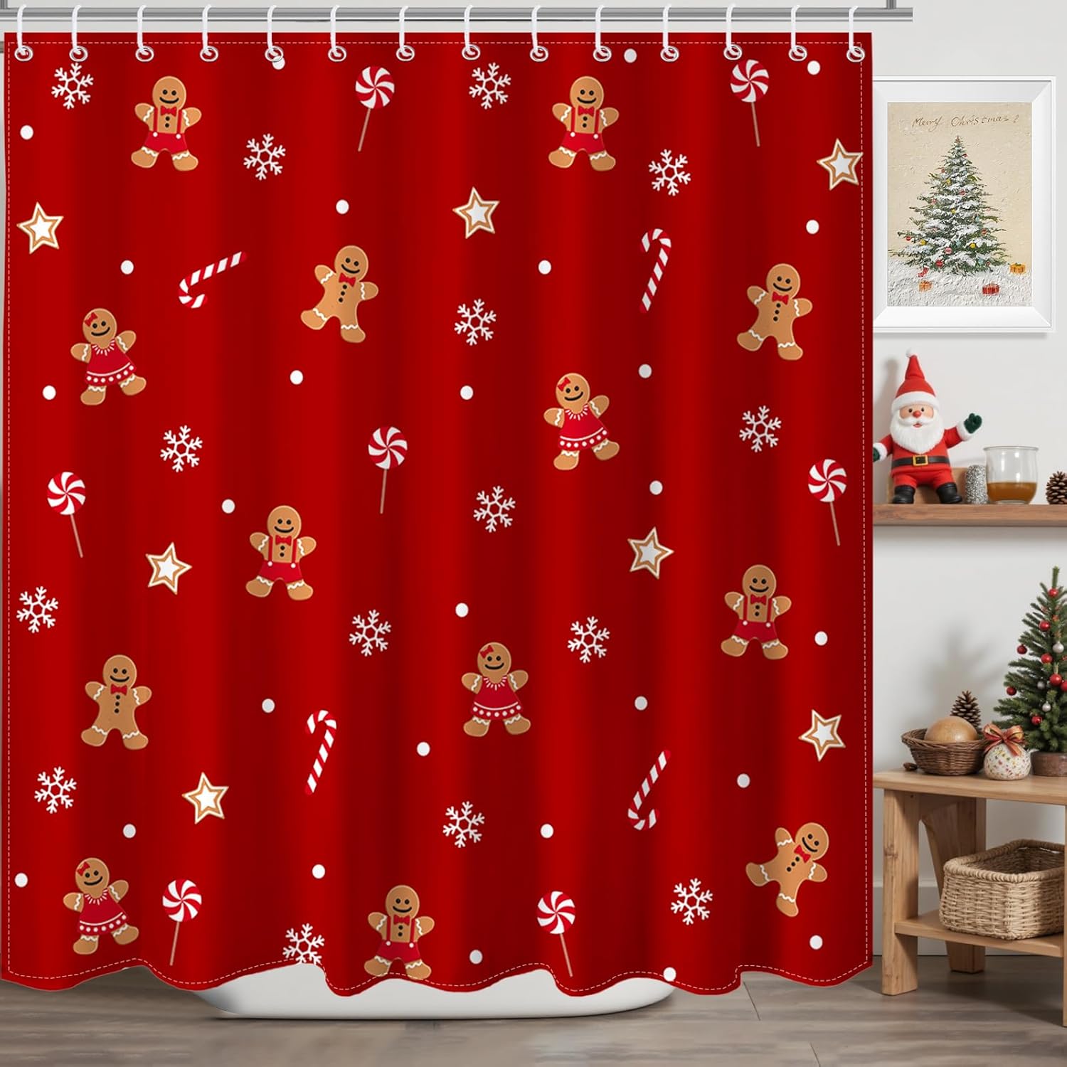 Mocsicka Christmas Shower Curtain Cute Gingerbread-Man Snowflake Shower Curtain for Christmas Bathroom Decor Xmas Candy Stars Holiday Home Decor Bath Curtain for Kids Girls, 72 X 72 Inch