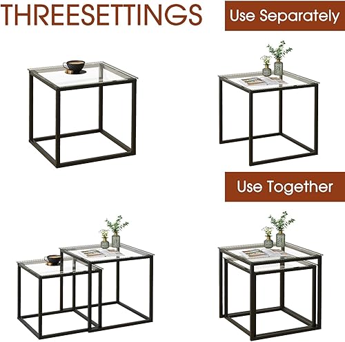 Miniatura 5 de Garden 4 you Juego de 2 mesas auxiliares modernas, mesa anidable de cristal, juego de mesa central cuadrada con marco de metal, mesas auxiliares,