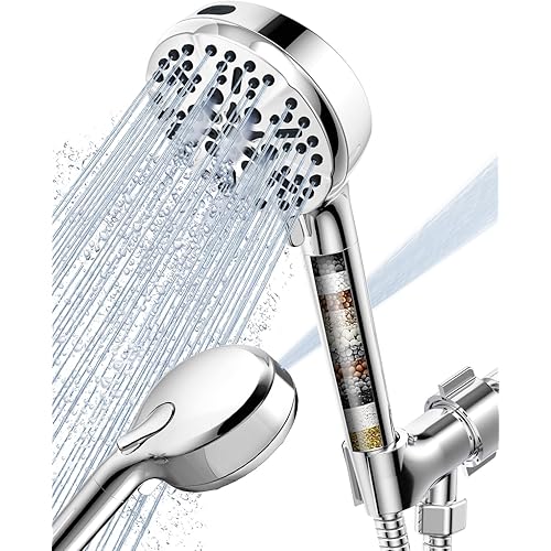 Filtered Shower Head with Handheld, High Pressure Shower Heads with Filter for Hard Water, 6 Spray Modes Detachable Showerhead with Hose and Bracket (Chrome Polished)