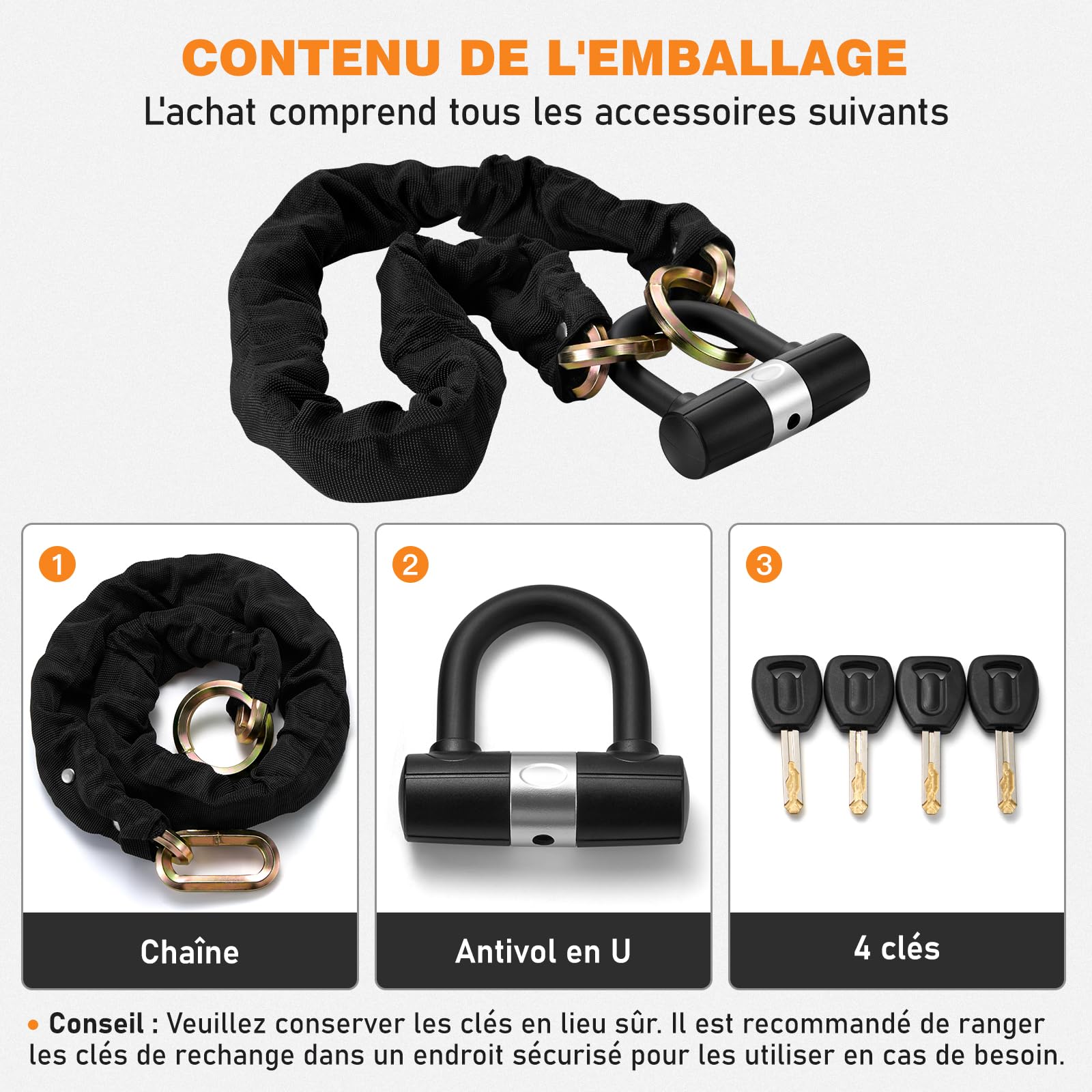 Antivol Moto Chaîne 10 mm en Acier Trempé avec Antivol U et 4 Clés, Chaîne Haute Sécurité pour Moto, Vélo Électrique, Scooter et Vélo, 120 cm – Or