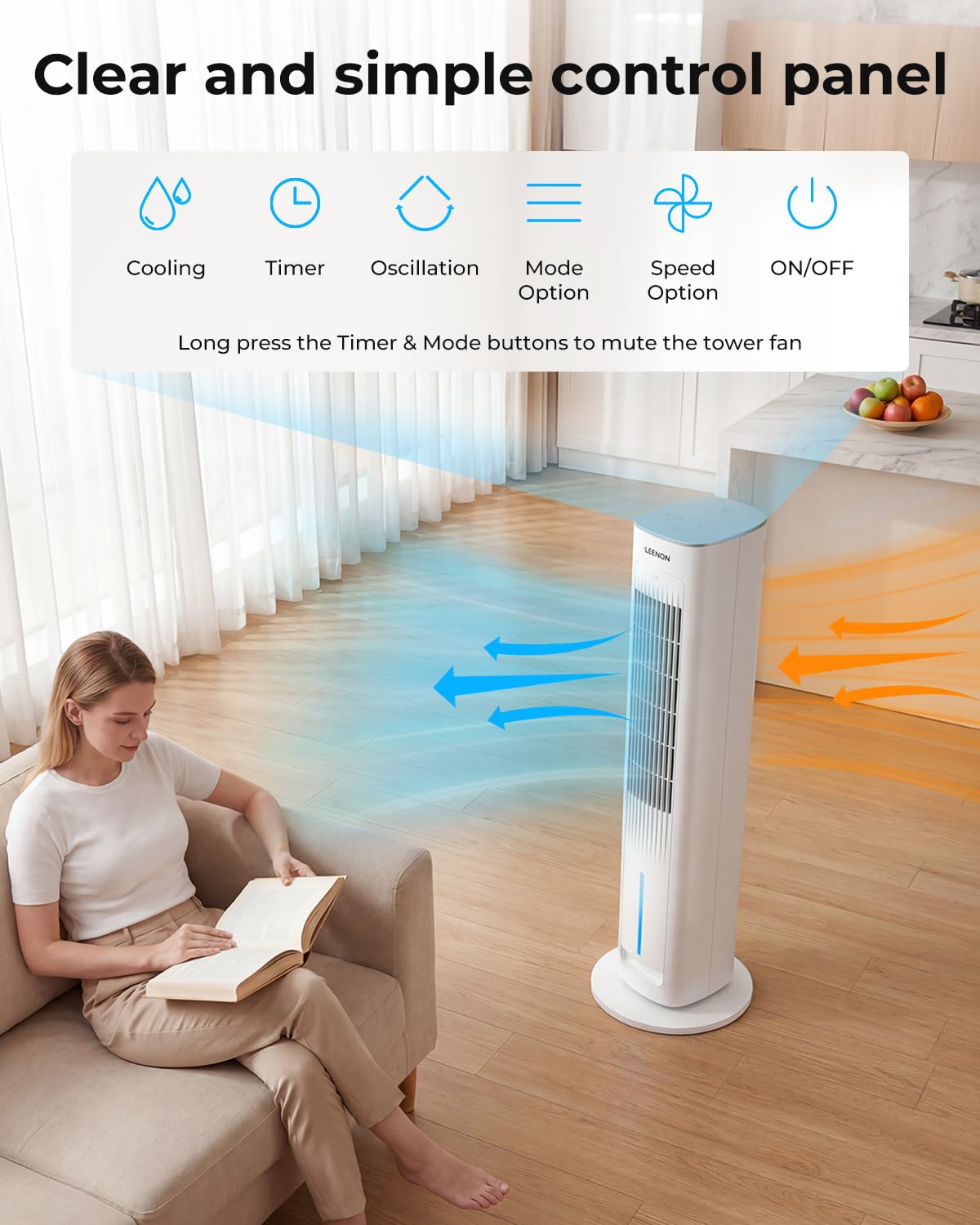 LEENON 3en1 Rafraichisseur d'Air Silencieux, 38" Colonne Ventilateur avec Télécommande & Réservoir 3L, 3 Vitesses/Modes, Minuterie 12H, Oscillation, Ventilateur Eau Froide Maison