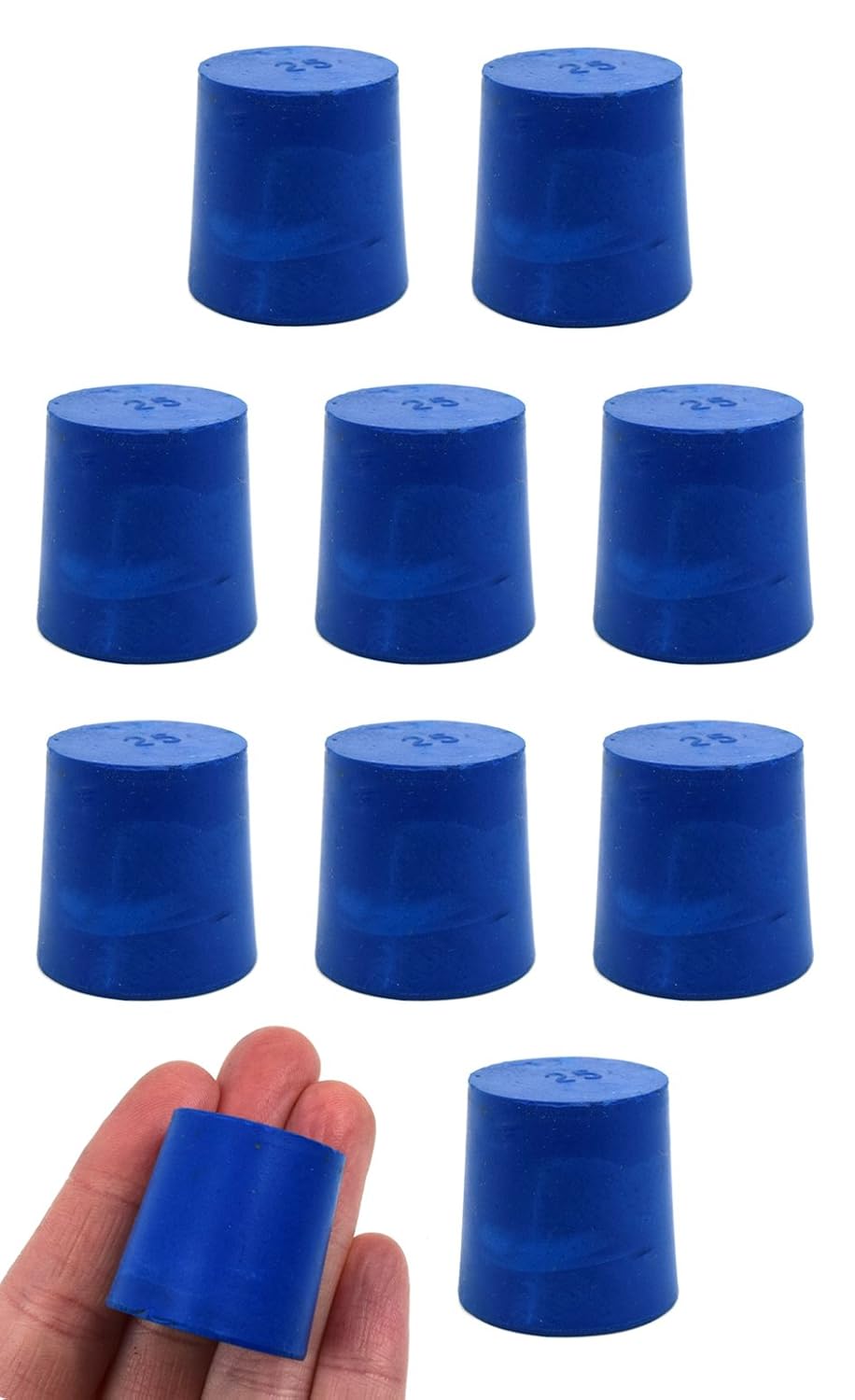 10PK Neoprene Stoppers, Solid - Blue - Size: 25mm Bottom, 28mm Top, 28mm Length - Suitable for use with Petroleum, Oils, Inorganic Acids and Bases - Eisco Labs