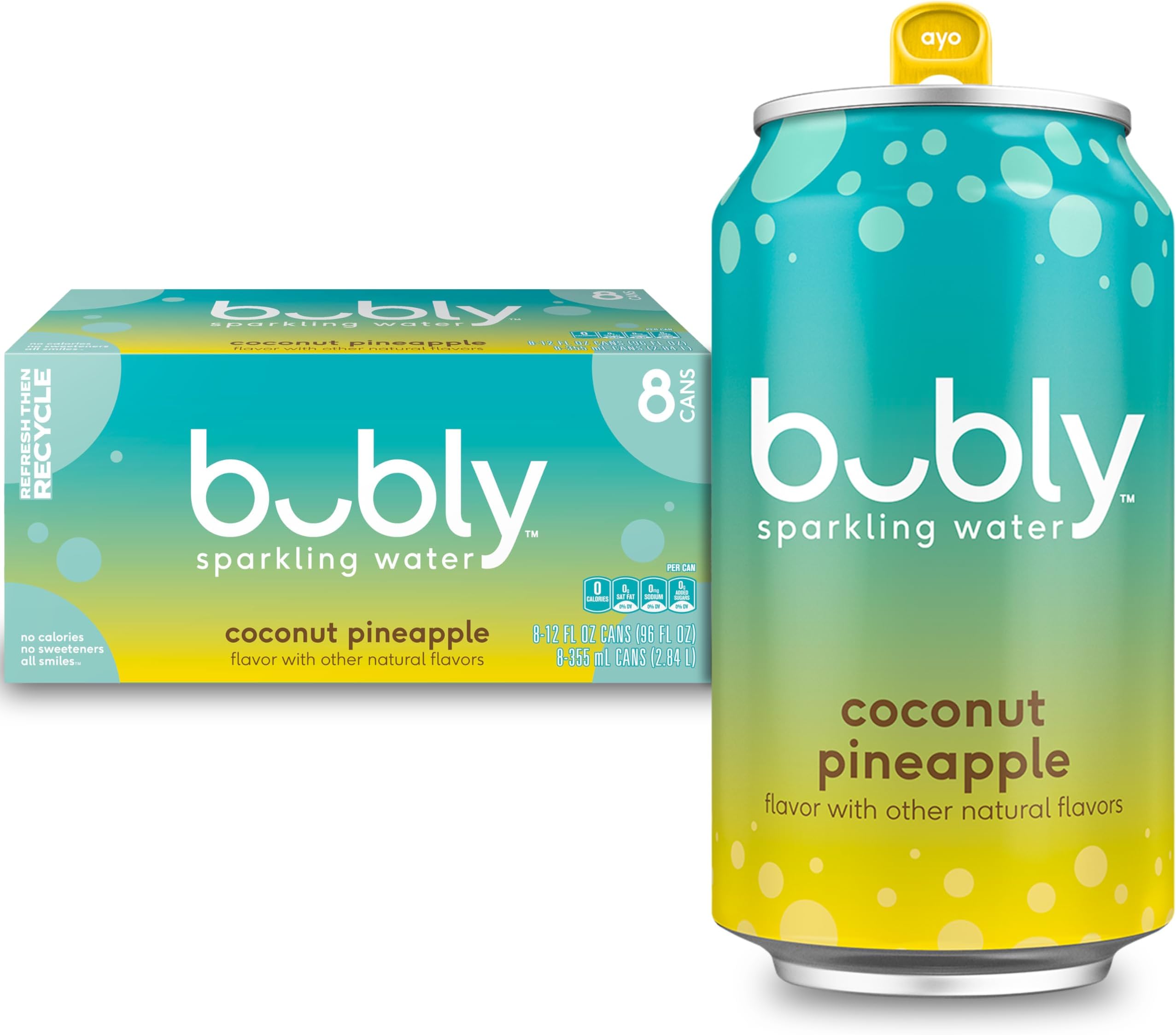bubly Sparkling Water, Coconut Pineapple, Zero Sugar & Zero Calories, 12 Fl Oz Cans (Pack of 8)
