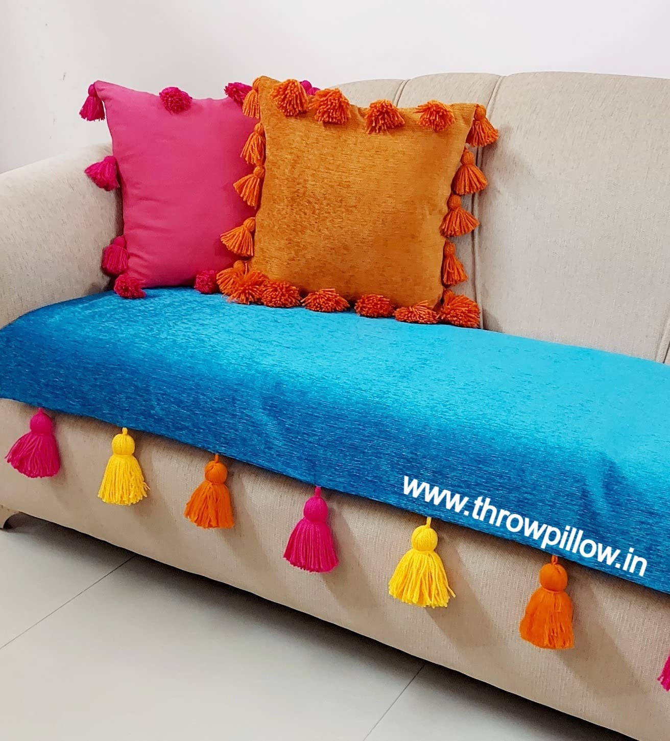 Teal Blue Sofa Cover Multicolor TasselsCorner Sofa Slipcover Thick