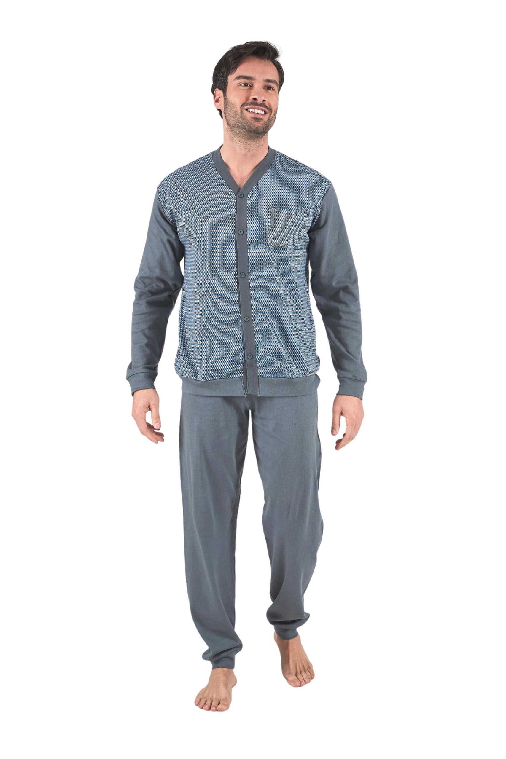 Pigiama lungo uomo 100% caldo cotone Aperto Classico con taschino e polsini