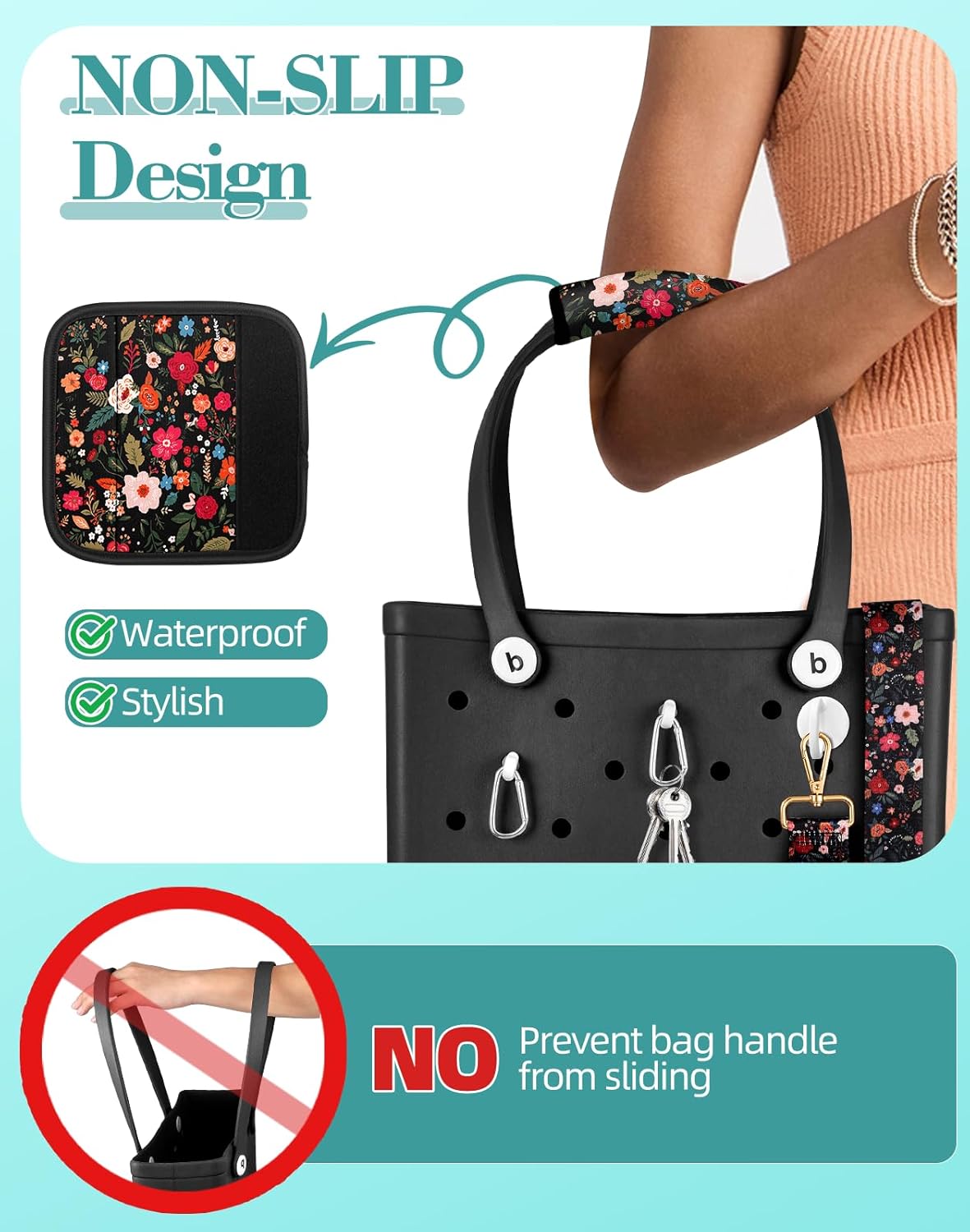 Bag Strap Crossbody for Bogg Bag Accessories - Charms Shoulder Strap Neoprene Luggage Handle Wrap for Suitcase & 2 Key Holders Black Flower - Image 3