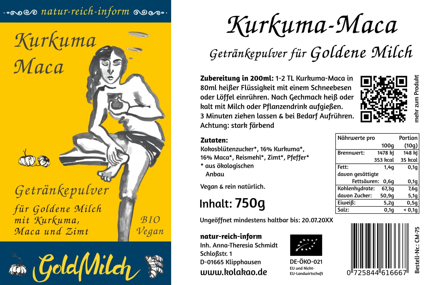 GoldMilch mit Kurkuma, Maca & Carob – Getränkepulver für Goldene Milch | Frei nach ayurvedischer Tradition | gesüßt mit Kokosblütenzucker | 750g = 75 Tassen | Bio, Vegan & Fair | Sächsische Manufaktur