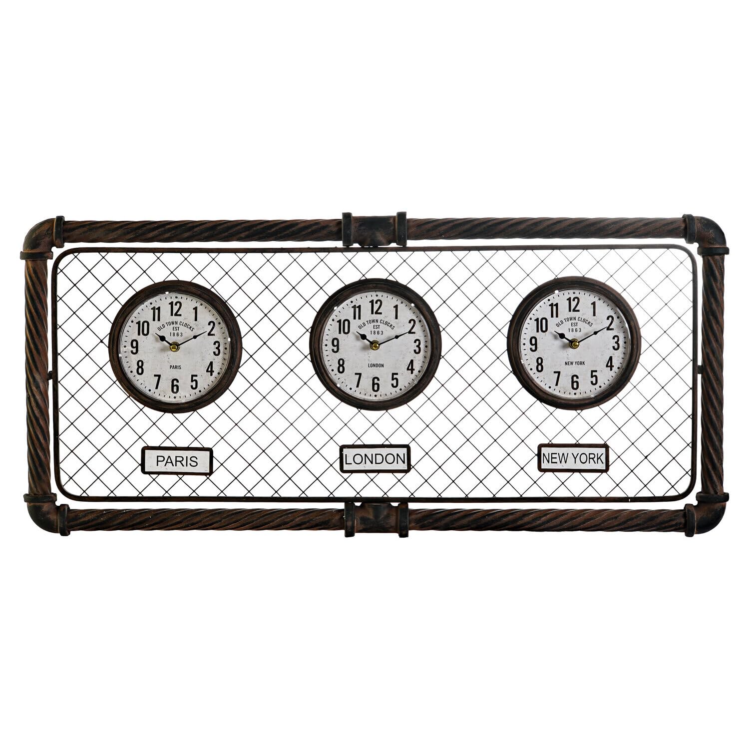 Grande horloge murale industrielle en fer vieilli triptyque 93cm