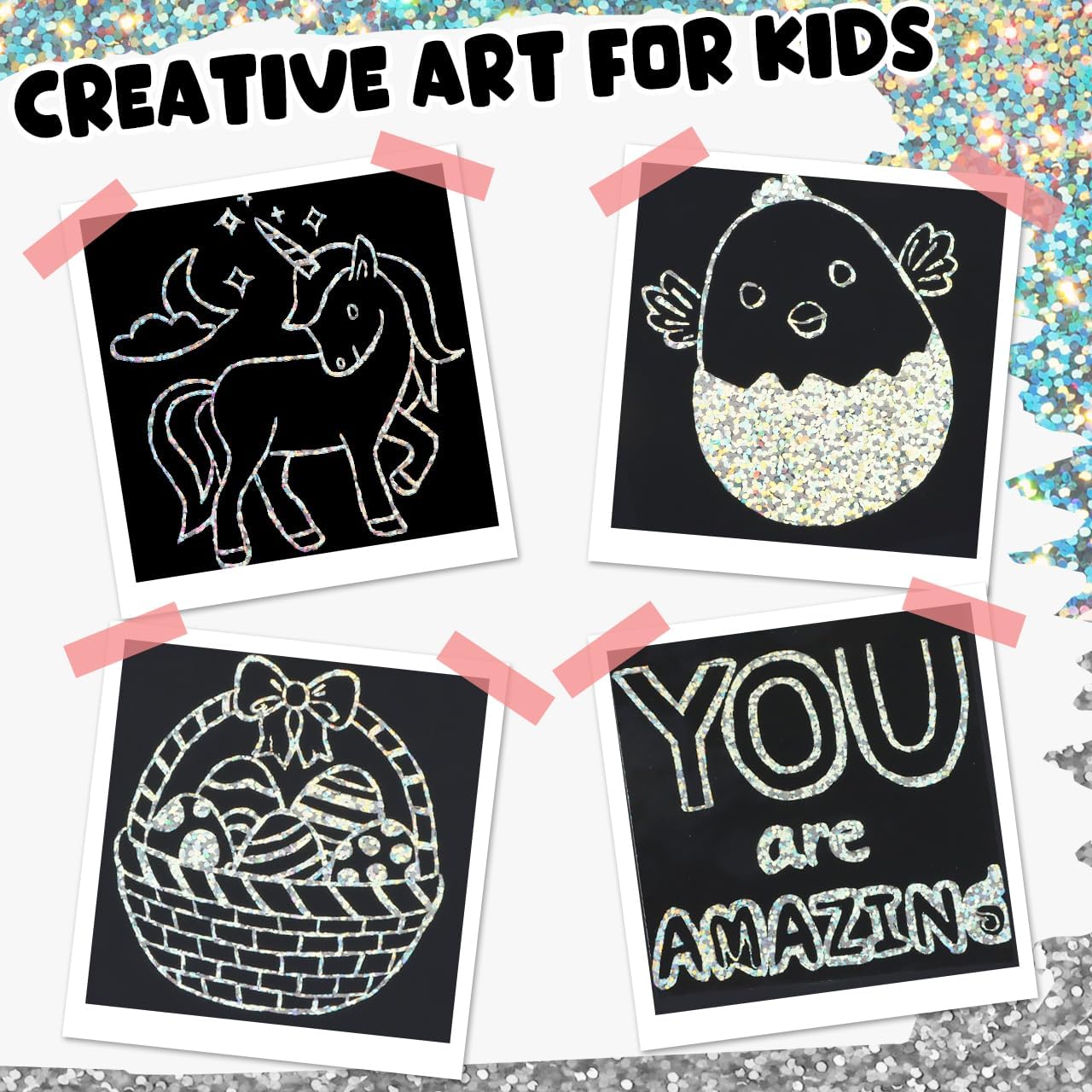 ZMLM Easter Basket Stuffers for Kids,165 Rainbow Scratch Paper Art Notes: Easter Crafts for Kids Ages 4-8, Gifts Girls Boys Toys Classroom Prizes for Students School Activity(Silver) - Image 7