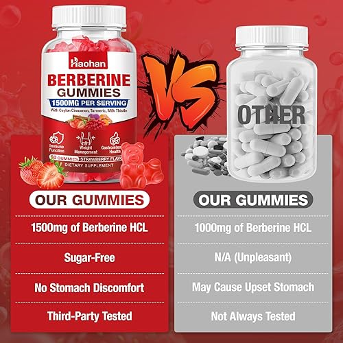 Miniatura 6 de Haohan Gomitas de berberina, 1500 mg de berberina de alta potencia, canela de Ceilán, cardo mariano, apoyo al sistema inmunológico y metabolismo,