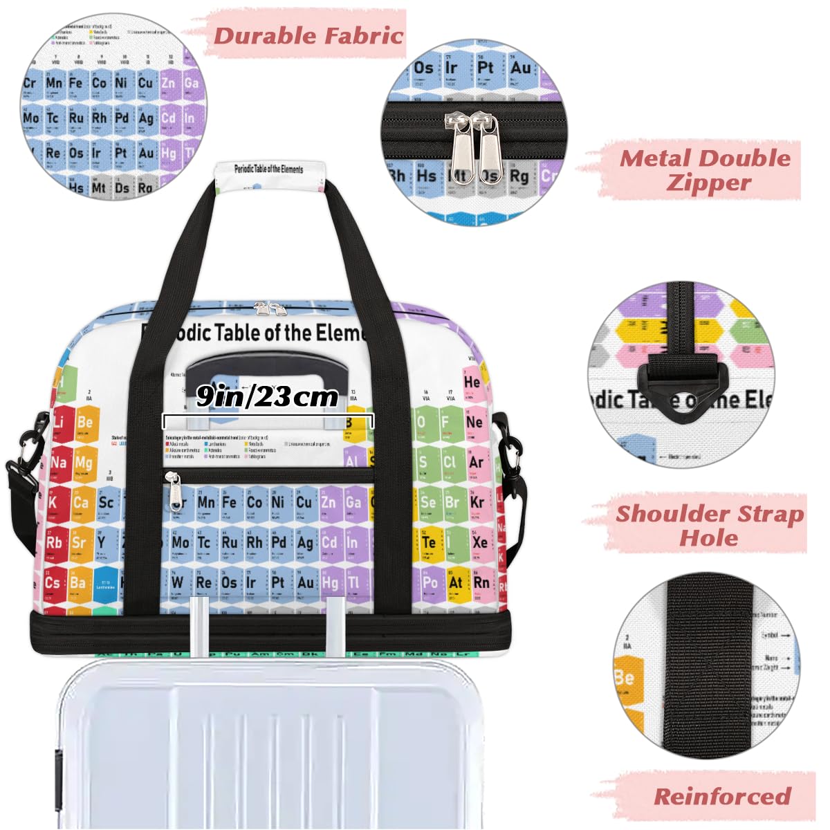 Bolsa de viaje plegable para mesa periódica, mesa de números, 47 L, bolsa de fin de semana con funda de carrito para hombro, bolsa de hombro separada para deportes, gimnasio, viajes, multicolor, 47L,