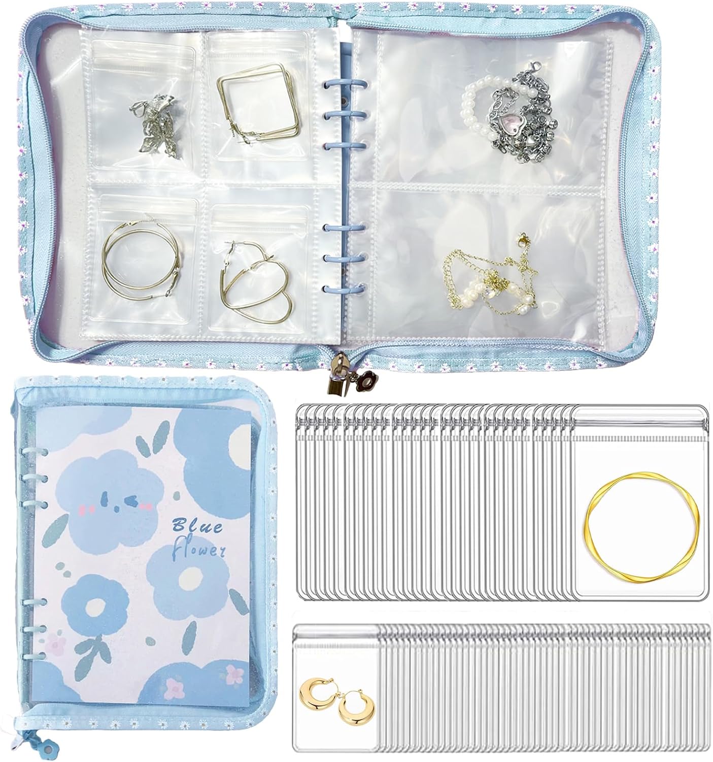 Jewelry Organizer Travel,Jewelry Storage Book with 45 Portable thick PVC pouches,Jewelry Organizer Zipper Bags for Necklaces Bracelet Rings and Earrings (front cover removable),Blue