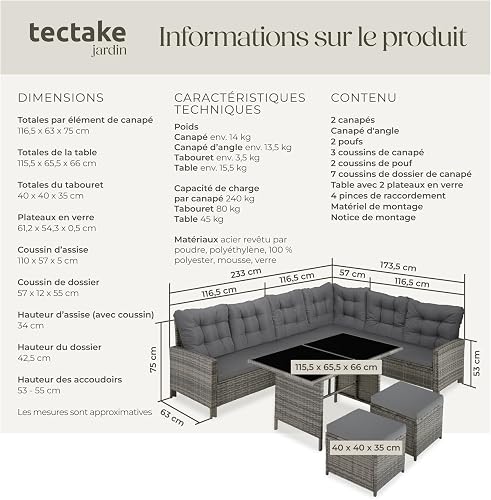 tectake Rattan Garden Furniture Set - 8 Seater Garden Rattan Furniture Set Including an Outdoor Sofa, 2 Stools, Table, Cushions, Assembly Clamps and Instructions - Mottled Grey - 7
