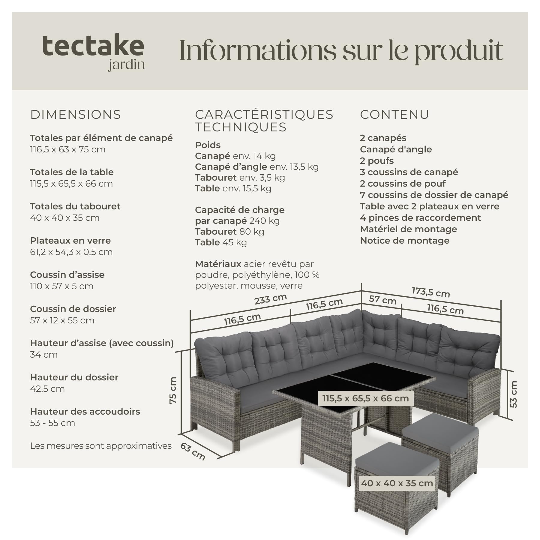 tectake® Salon de Jardin en Poly Rotin Modulable 1 Canapé de Jardin Exterieur d’Angle 1 Table Jardin 2 Tabouret Pouf Mobilier pour Amenagement Balcon et Terrasse - Gris Tacheté/Gris